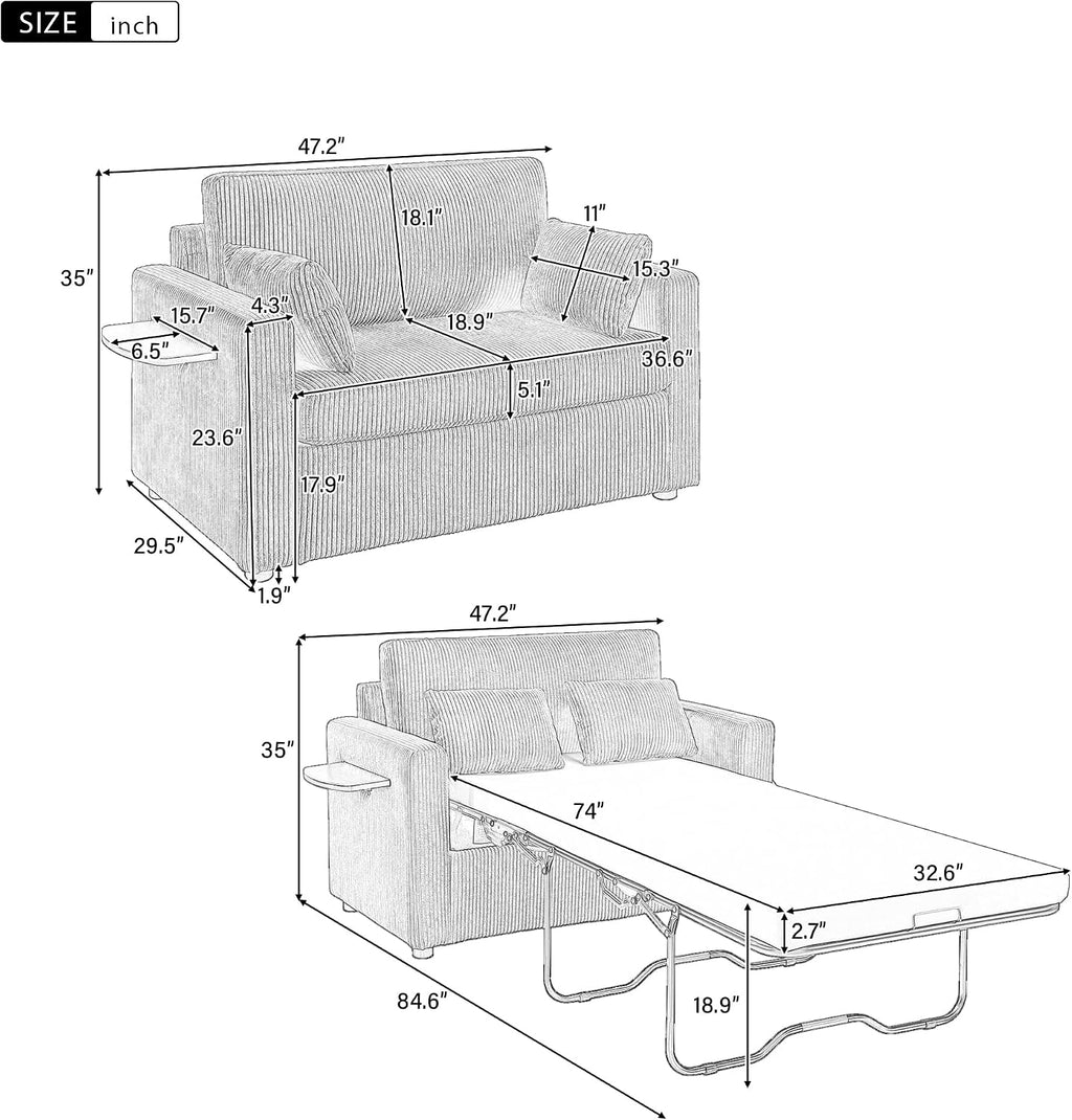 Twin Size Sofa Bed 47.2' Sleeper Sofa Loveseat Sofa with a Foldable Mattress, a Foldable Side Table, a Side Storage Pocket and Two USB Ports for Living Room, Green