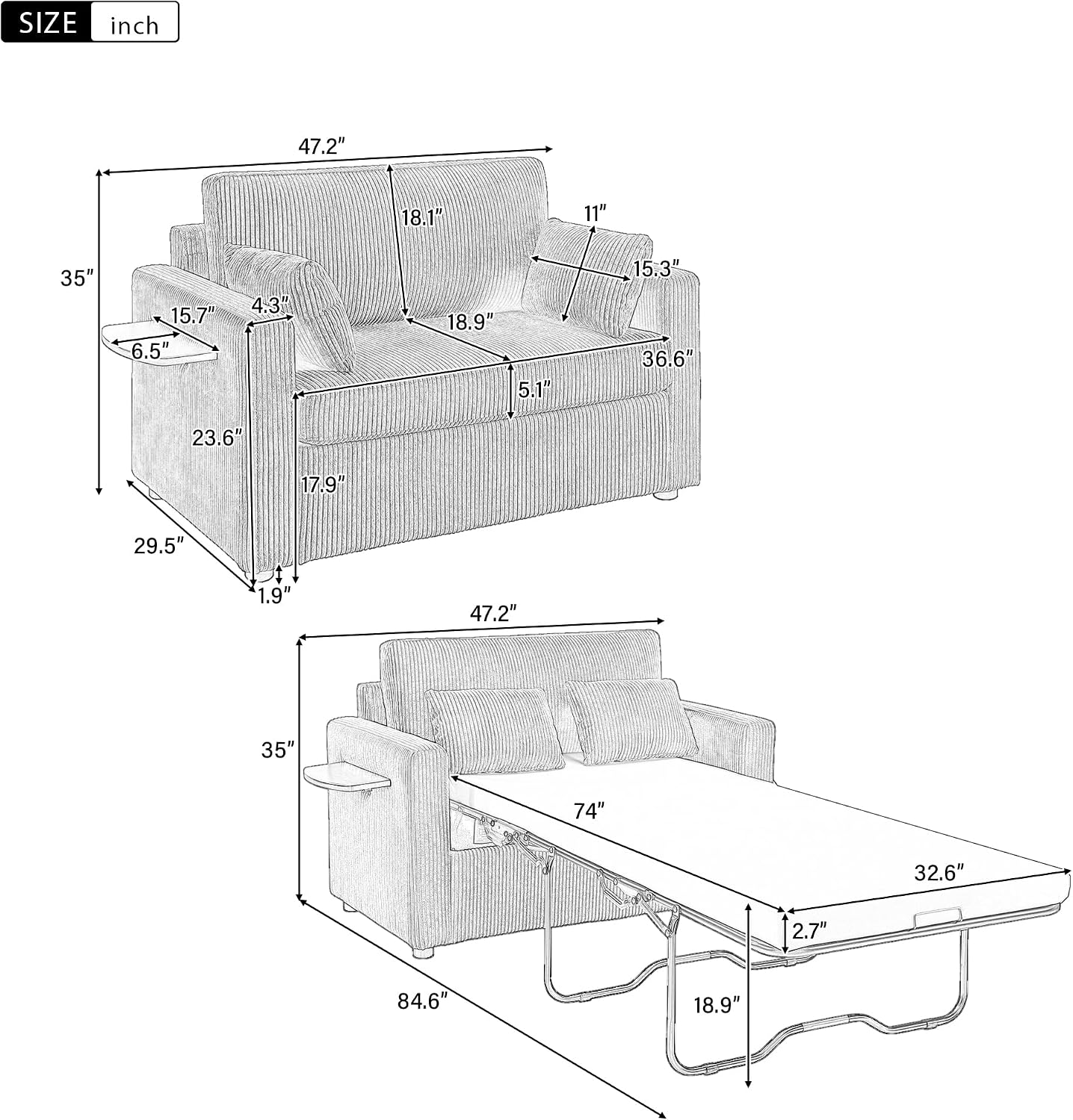 Twin Size Sofa Bed 47.2' Sleeper Sofa Loveseat Sofa with a Foldable Mattress, a Foldable Side Table, a Side Storage Pocket and Two USB Ports for Living Room, Green