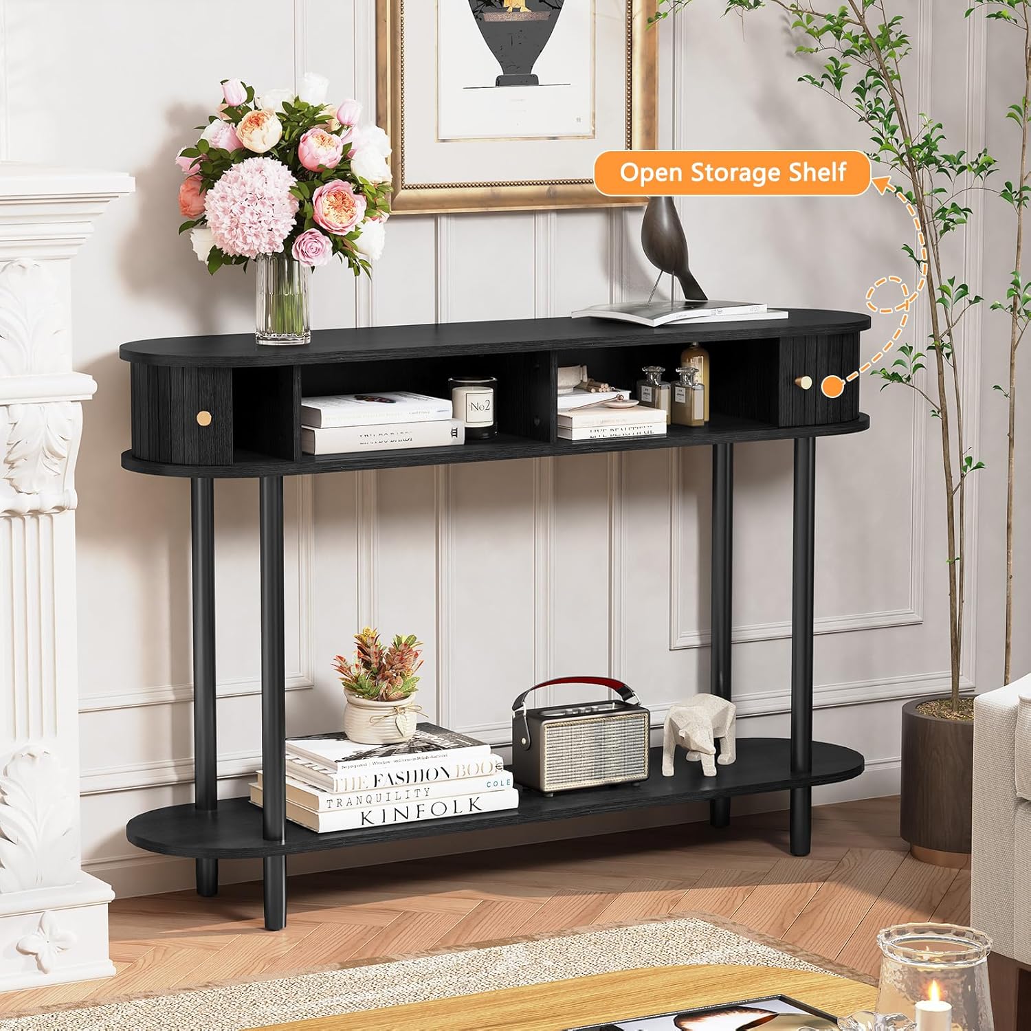 ARTPOWER 47.2' Modern Entryway Table with Wood Tambour Door, Accent Behind Couch Sofa Console with Storage, Fluted Side Table for Hallway, Living Room, Foyer, Black