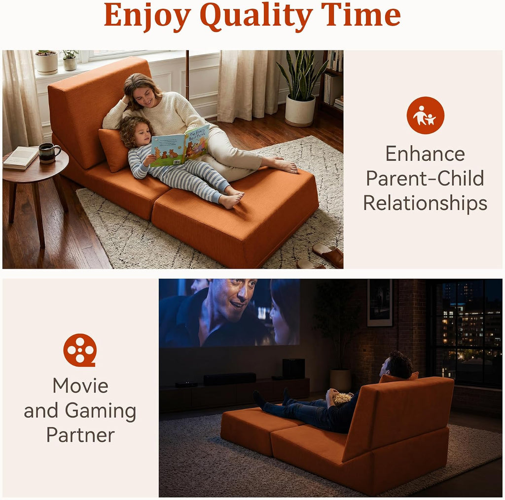 Fold Out Chair Bed, Folding Sofa Bed with High-Density Support Foam, Portable 3 in 1 Convertible Chair Bed Sleeper for Adults, Versatile Floor Couch for Living Room Bedroom, Brown | Washable Cover, With pillow, Foldable Bed Chair