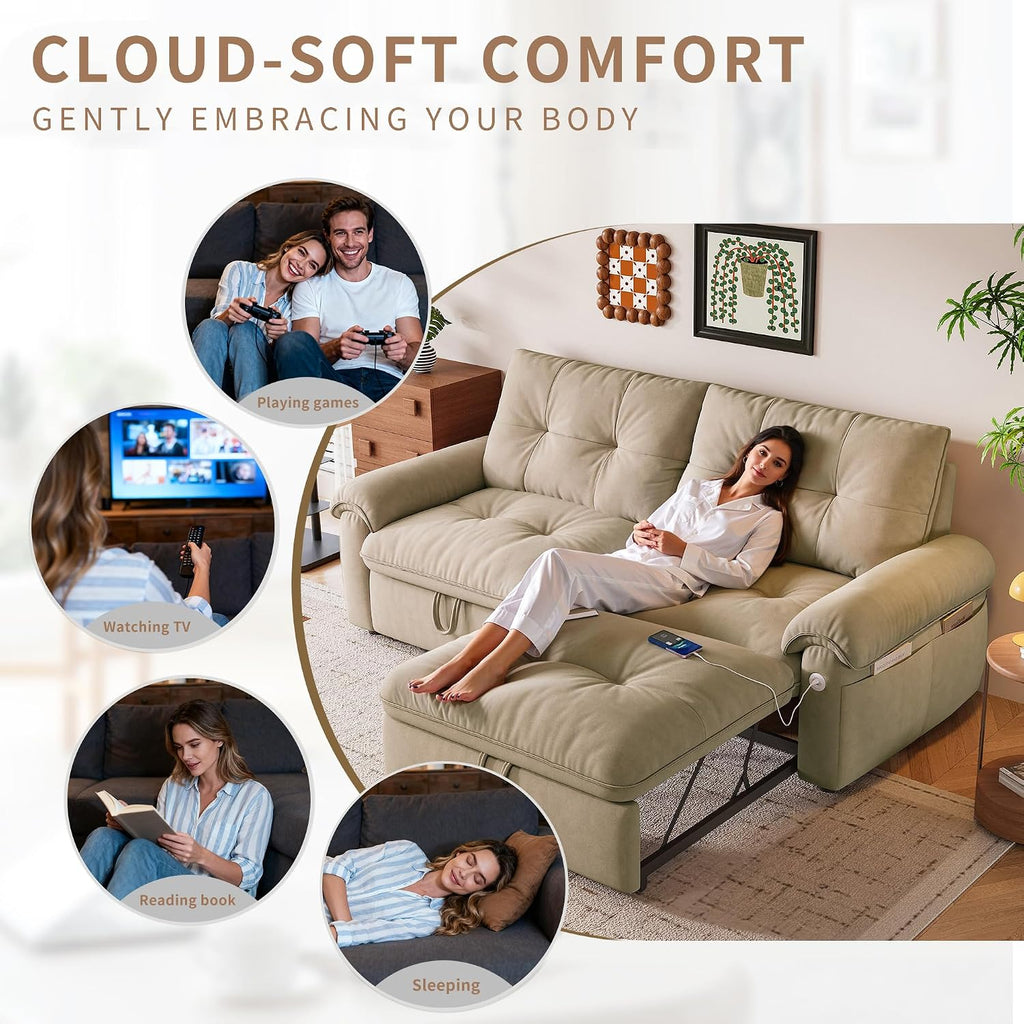 77' Queen Size Sofa Bed, Loveseat Sleeper Sofa with Pull Out Bed, Pockets and USB, Modern 2 Seater Convertible Small Couch for Living Room Bedroom Apartment, Brown