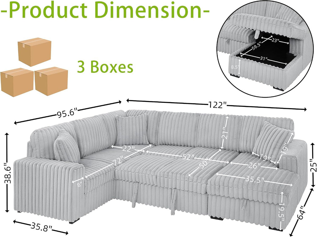 THSUPER 122-Inch Oversized U Shaped Plush Corduroy Fluffy Sectional Sleeper Sofa with Pull Out Bed, Storage Chaise Lounge and USB Charging Port - Gray