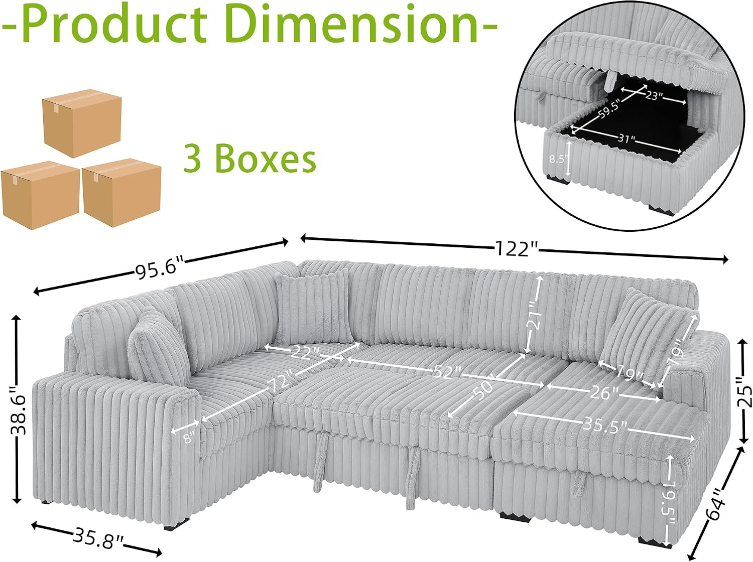 THSUPER 122-Inch Oversized U Shaped Plush Corduroy Fluffy Sectional Sleeper Sofa with Pull Out Bed, Storage Chaise Lounge and USB Charging Port - Gray