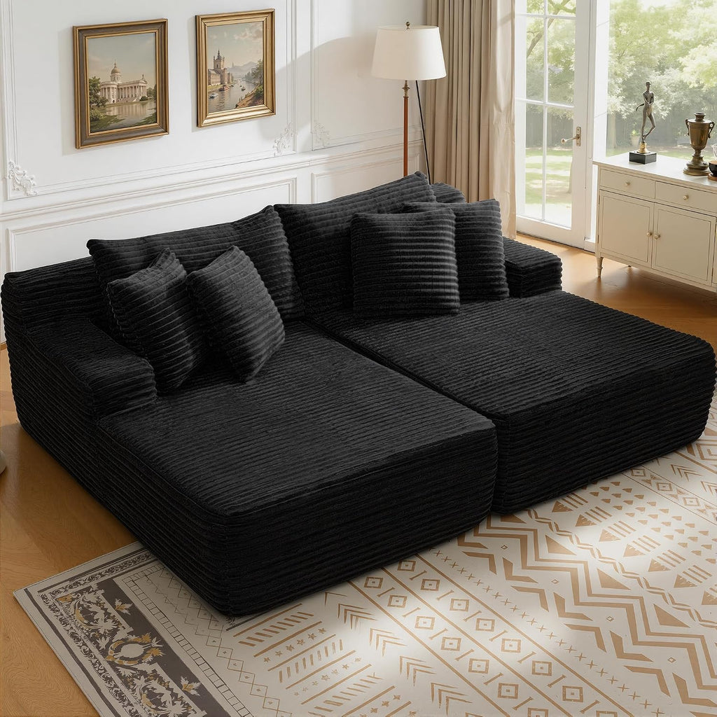 83' Oversized Double Chaise Lounge Indoor, Black Corduroy Chaise Lounge Chair, Upholstered Sleeper Sofa Bed, Deep Seat Sleeper Loveseat Reading Chairs, Boneless Cloud Couch for Living Room Bedroom