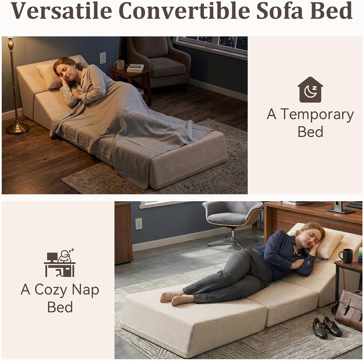Fold Out Chair Bed, Folding Sofa Bed with High-Density Support Foam, Portable 3 in 1 Convertible Chair Bed Sleeper for Adults, Versatile Floor Couch for Living Room Bedroom, White | Washable Cover, Sleeper Chair, Folding Sofa Bed