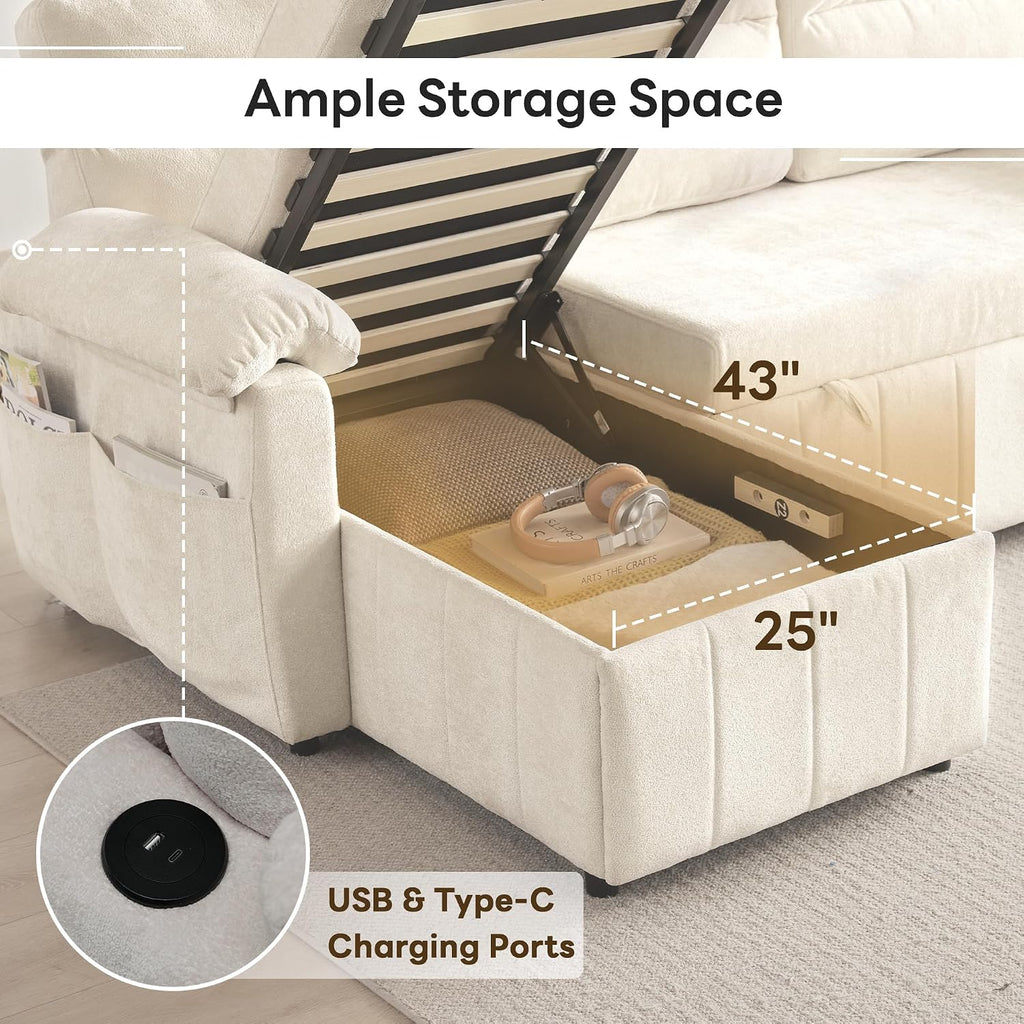 Tbfit 84'' Sleeper Sofa Bed, 3 in 1 Cloud Pull Out Sofa Couch with USB & Storage Chaise, Convertible Sofa Bed with Pull Out Bed, Couches for Living Room, Apartment, Office, White Sherpa