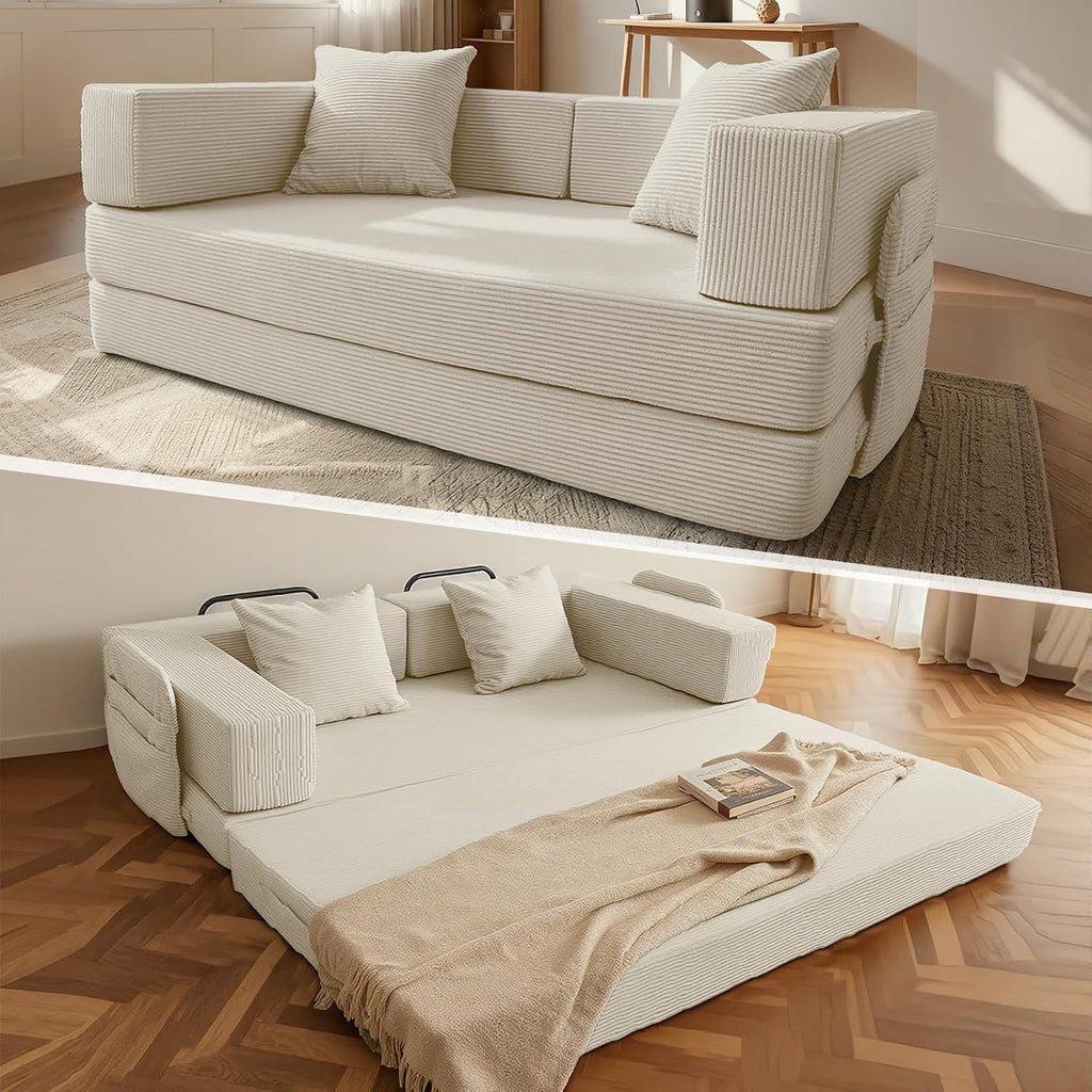 5‑in‑1 Futon Sofa Bed Queen – Floor Foldable Convertible Sofa Couch with L‑Shaped Armrests, Removable Cover, White Convertible Guest Bed | Space‑Saving Fold‑Out Mattress Lounge for Living Room/Bedroom