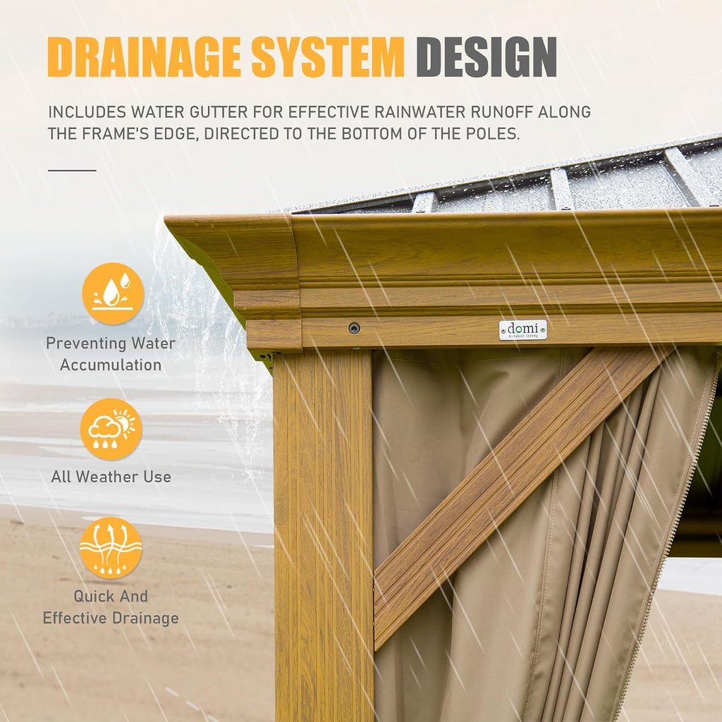 14x20FT Hardtop Gazebo, Permanent Metal Gazebo with Galvanized Steel Double Roof and Aluminum Frame, Curtain and Netting, Large Pavilion Gazebo, Wood Looking