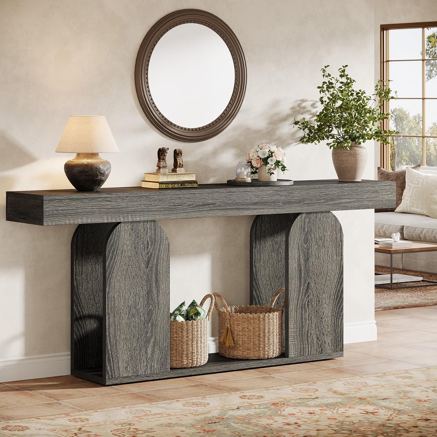 Tribesigns Farmhouse Wood Console Table, 70.9-Inch Entryway Accent Table with U-Shaped Base, 2-Tier Extra Long Sofa Tables for Entrance, Hallway, Living Room (Dark Gray)