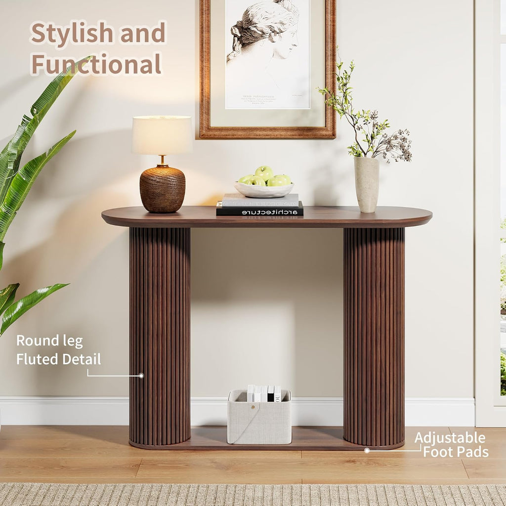 Fluted Console Table, Farmhouse Oval Curved Entryway Table with Storage and Fluted Wood Legs, Narrow Small Long Entry Sofa Table for Entrance, Hallway, Living Room (Walnut)