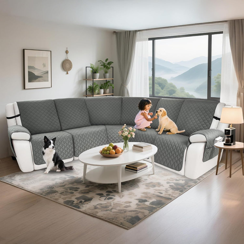 Waterproof Sectional Reclining Couch Covers L Shaped Recliner Sectional Sofa Cover 7 Piece Non Slip Washable Corner Recliner Slipcover Set for Pet Dog (5 Seater Cover, Middle Gray)