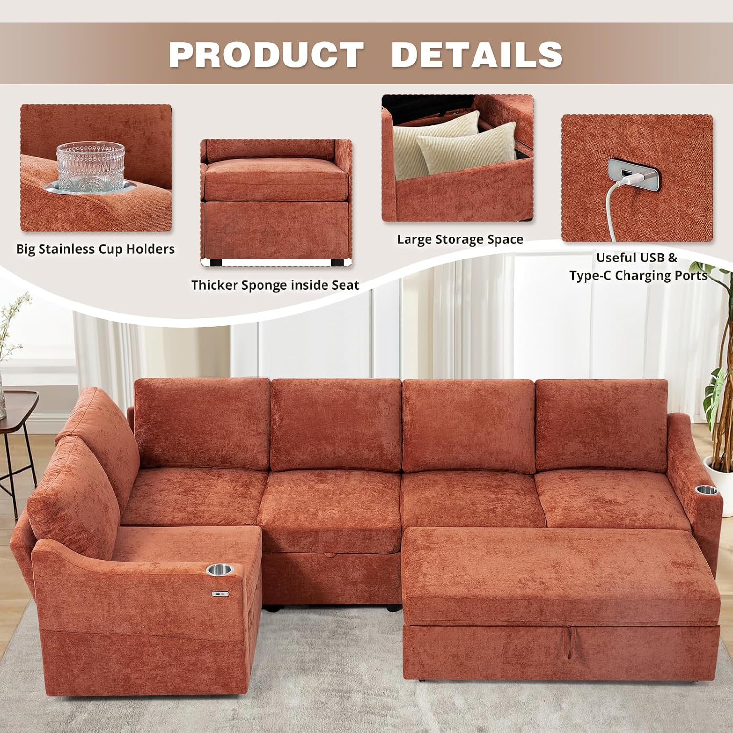84' L-Shape Sectional Sofa Bed w/Adjustable Backrests, Chenille L-Shape Upholstered Pull Out Sofa Bed w/USB Ports, Convertible Corner Sleeper Couch w/Storage Space for Living Room, Orange