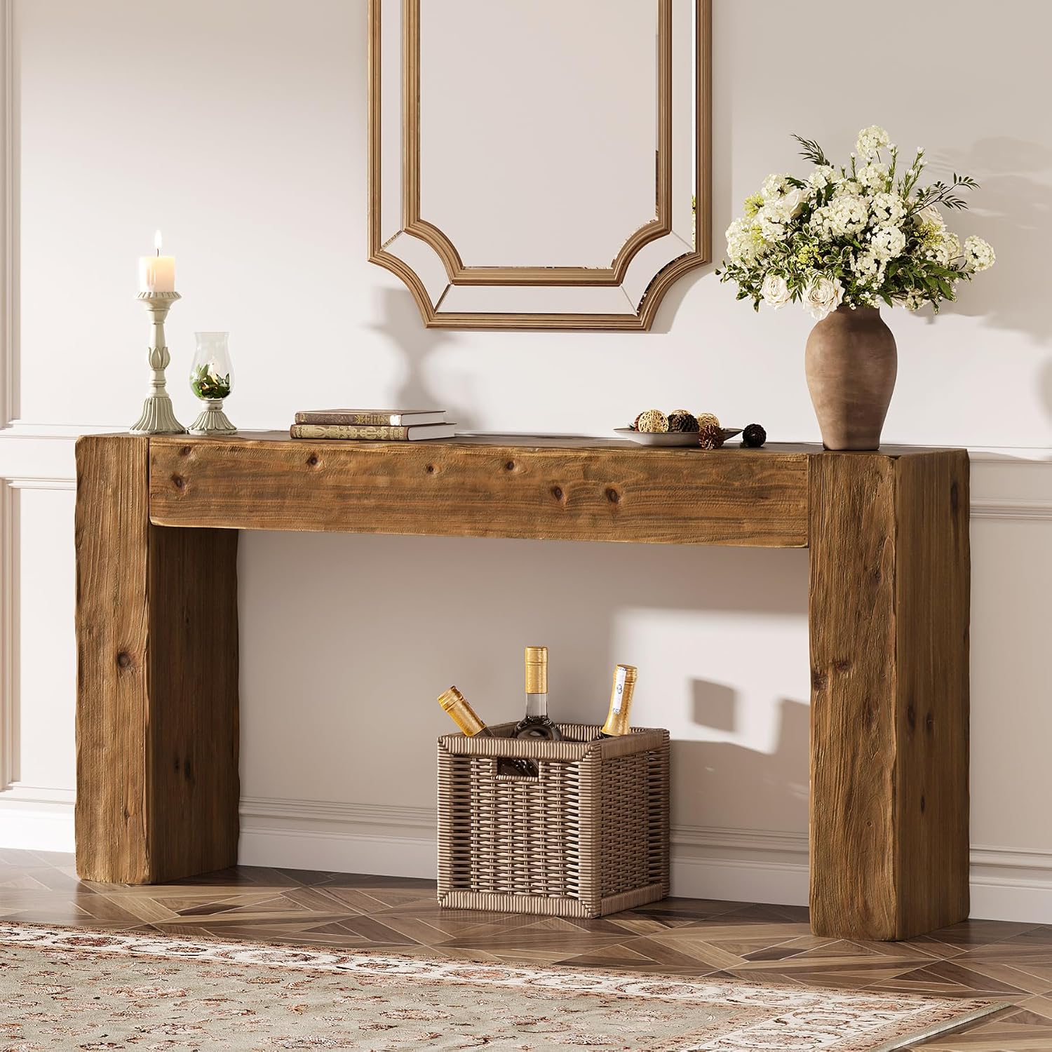 Solid Wood Console Table, 63-Inch Farmhouse Sofa Table Behind Couch for Entryway, Living Room, Foyer, Easy Assembly (Rustic Brown)