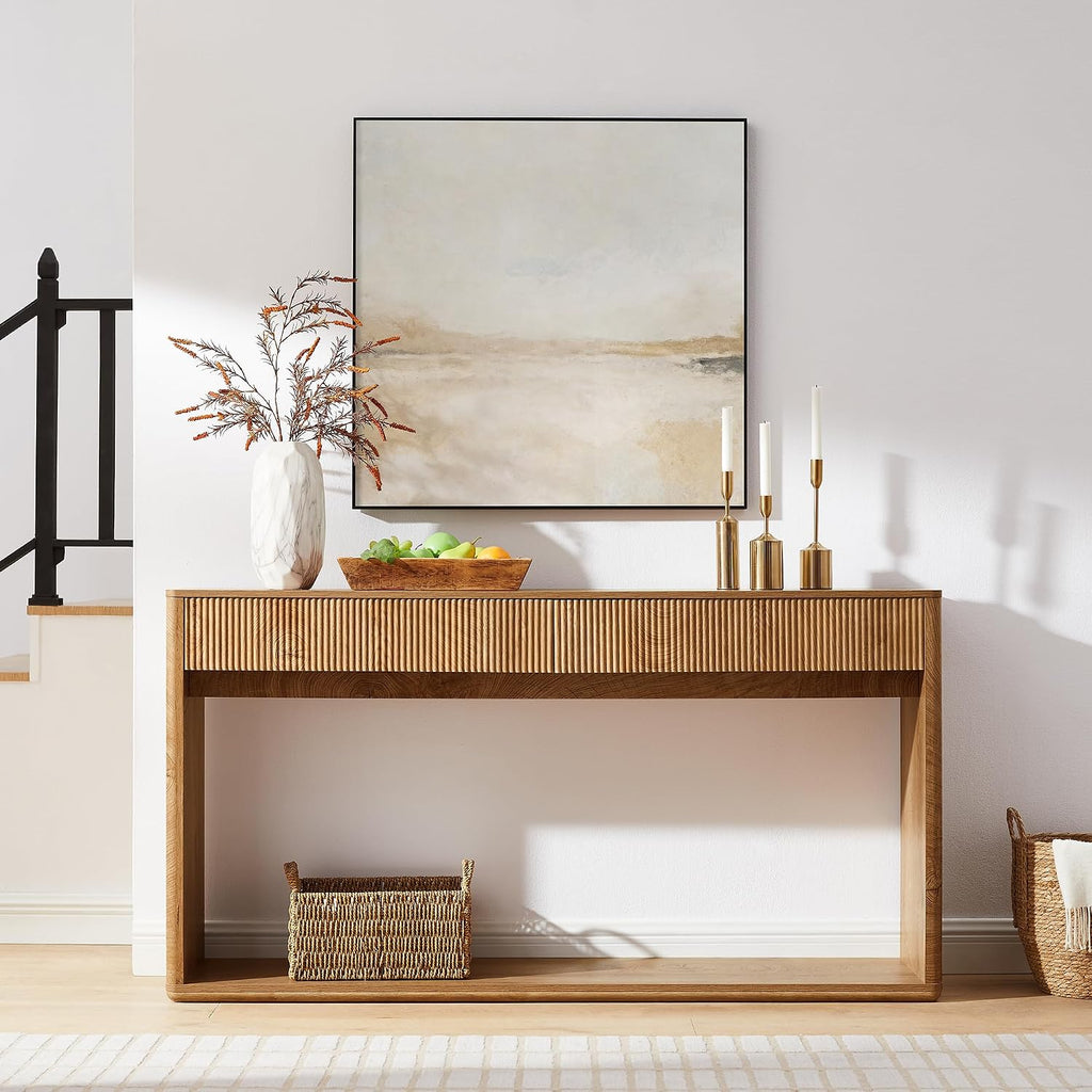 OKD 63' Fluted Console Table for Entryway, Modern Entryway Table with 2 Large Drawers, Long Sofa Table Behind Couch for Living Room, Hallway, Couch, Foyer，Light Knotty Oak