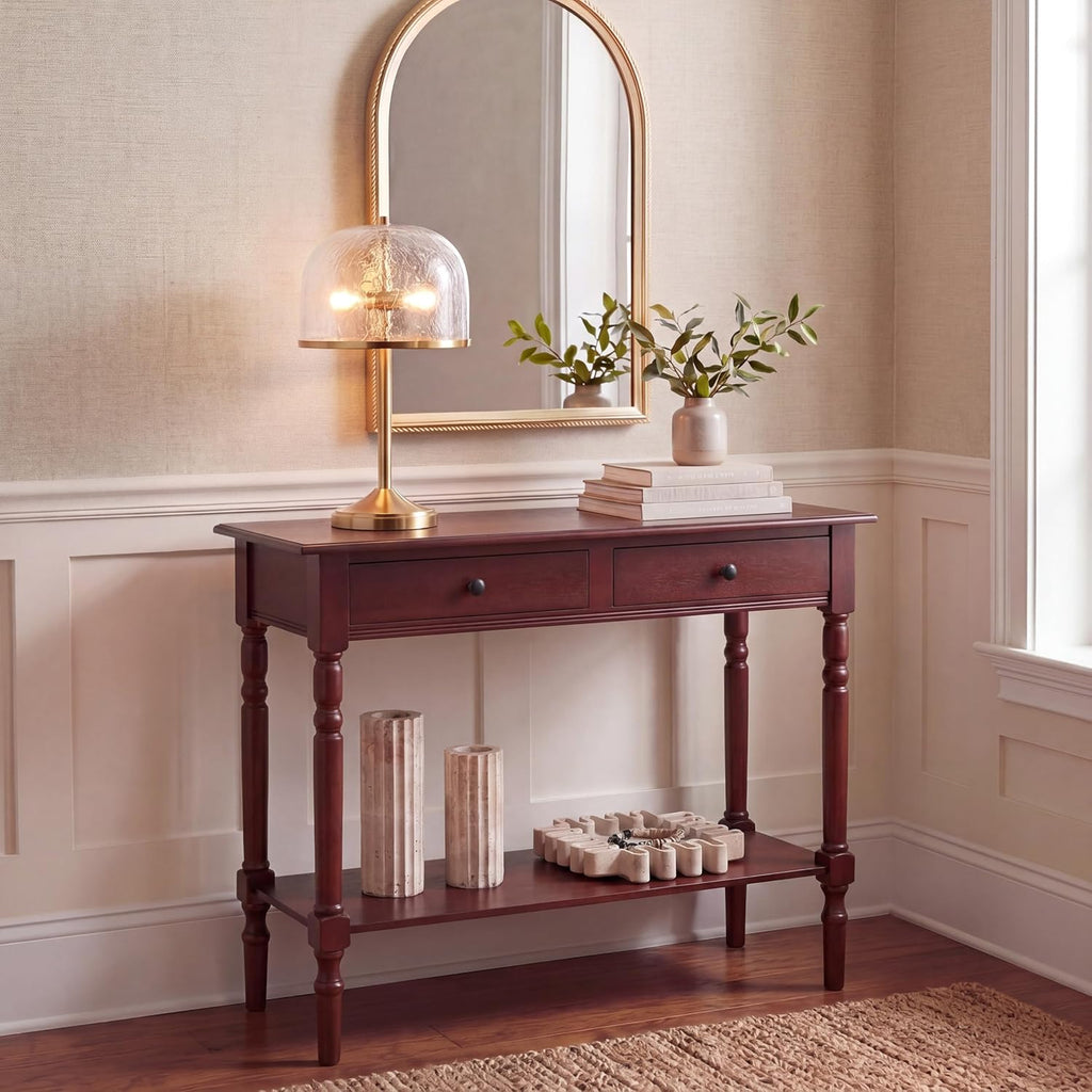 SAFAVIEH Home Collection – Rosemary Dark Cherry Console Table with Drawers & Shelf, Classic Contemporary Storage Console, Turned Leg Design (AMH5705D)