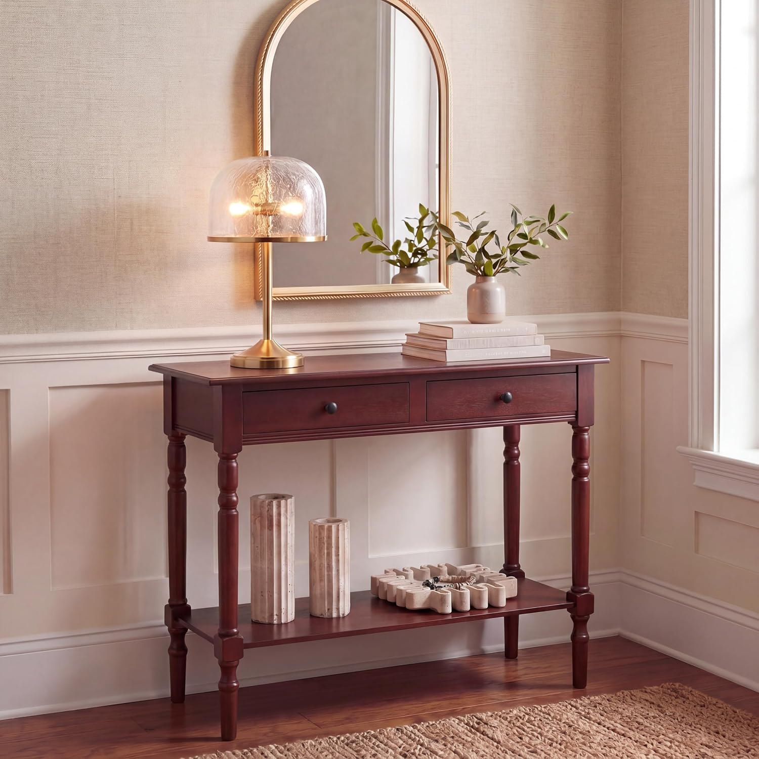 SAFAVIEH Home Collection – Rosemary Dark Cherry Console Table with Drawers & Shelf, Classic Contemporary Storage Console, Turned Leg Design (AMH5705D)