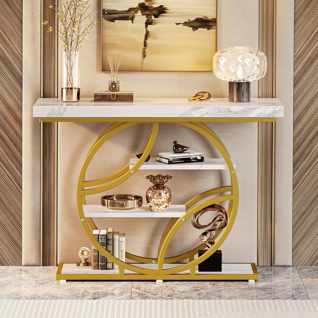 Huuger 41.3 Inch Entryway Table with Marble Top, Modern Console Sofa Table, Accent Table with Shelves, for Entry, Hallway, Entrance, Foyer, O-Shaped Metal Frame, White Marble & Gold