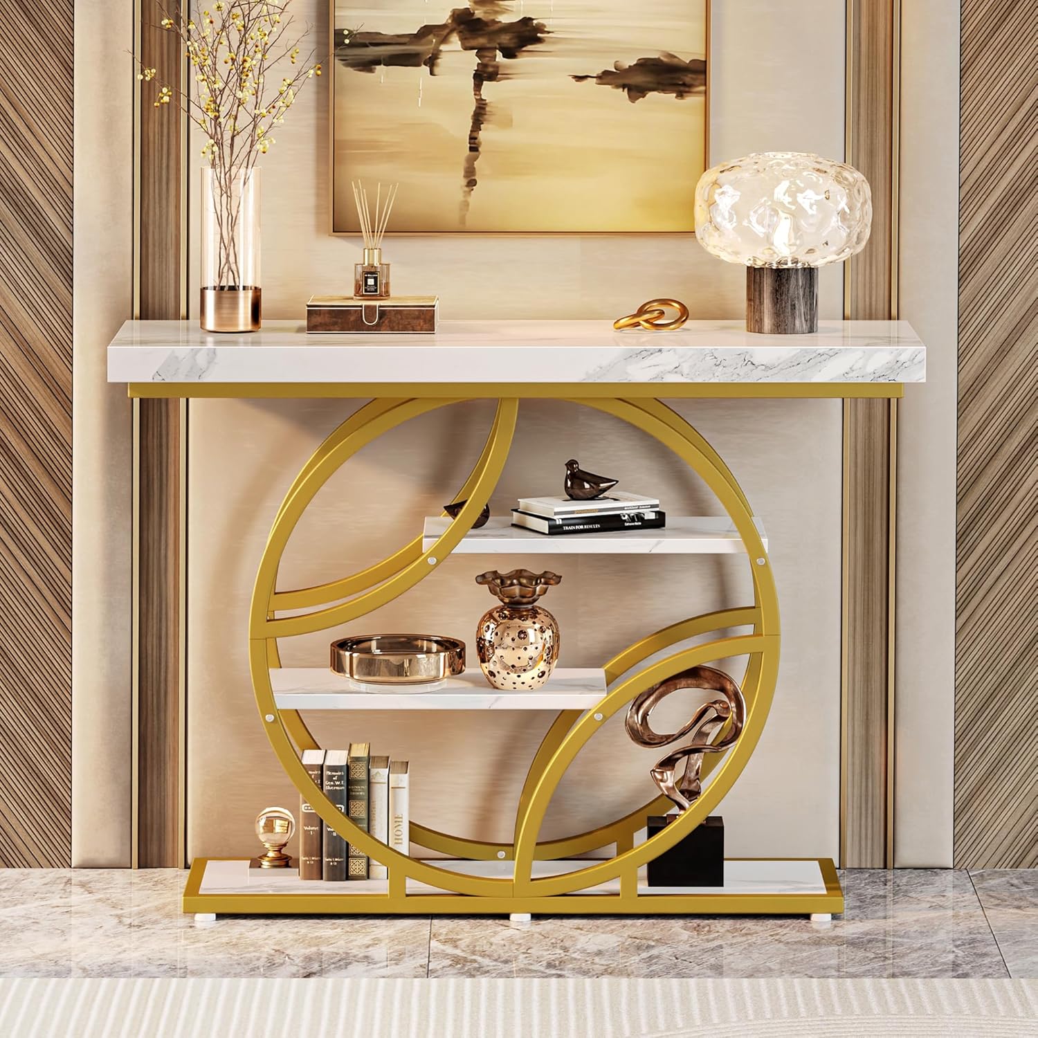 Huuger 41.3 Inch Entryway Table with Marble Top, Modern Console Sofa Table, Accent Table with Shelves, for Entry, Hallway, Entrance, Foyer, O-Shaped Metal Frame, White Marble & Gold