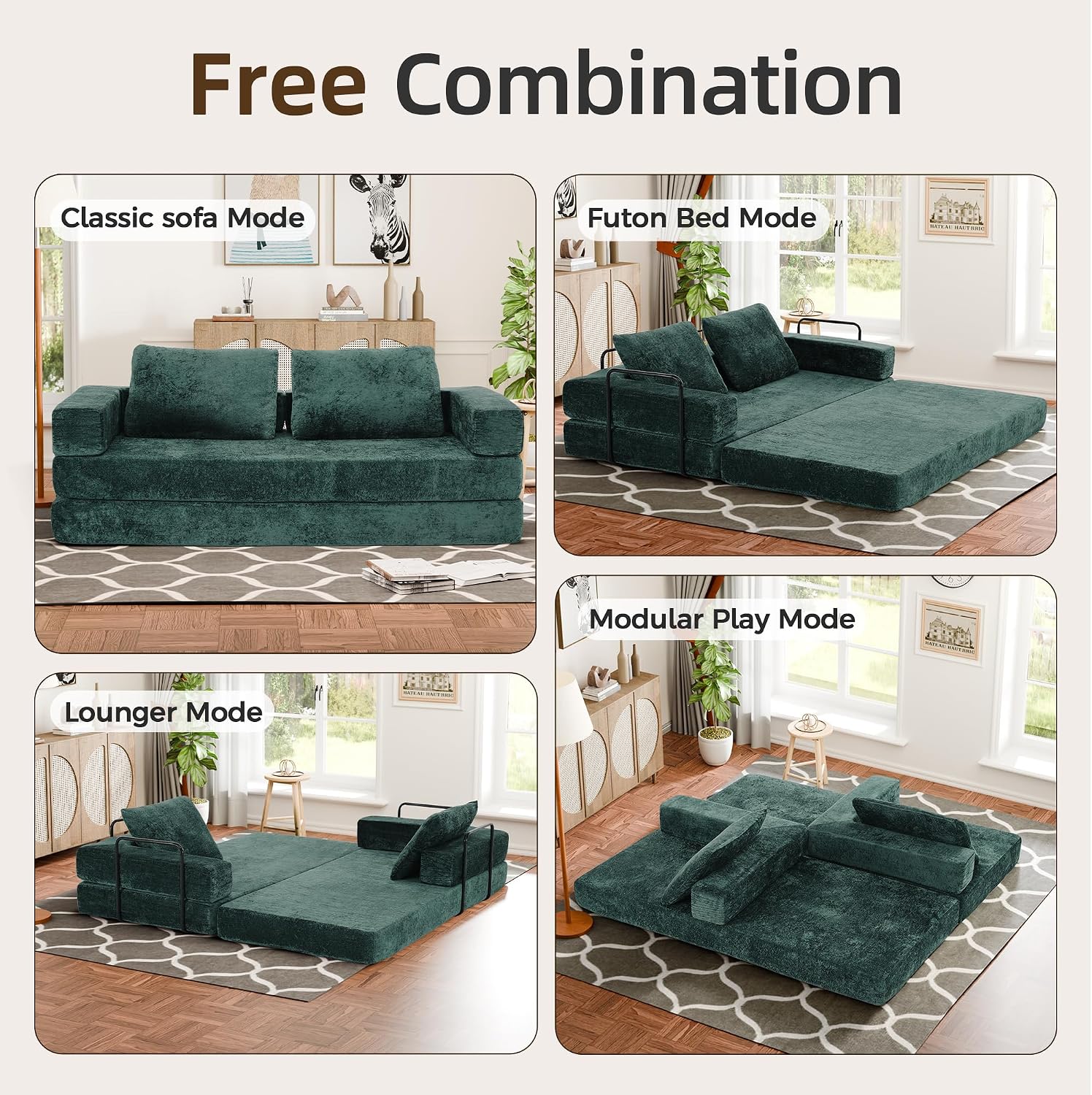 Convertible Sofa Bed, 4-in-1 DIY Combination Modular Couch with Pillows, Comfy Boneless Sleeper Sofa Bed with Fixed-Shape Frame, Chenille Convertible Lounge Couch for Living Room, Green
