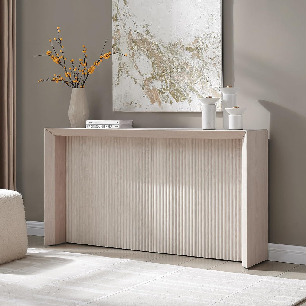 Henn&Hart 56' Fluted Wooden Rectangular Console Table Ribbed Entryway Table, Sofa Table for Entryway, Living Room, Couch, Hallway, or Office, Beech White