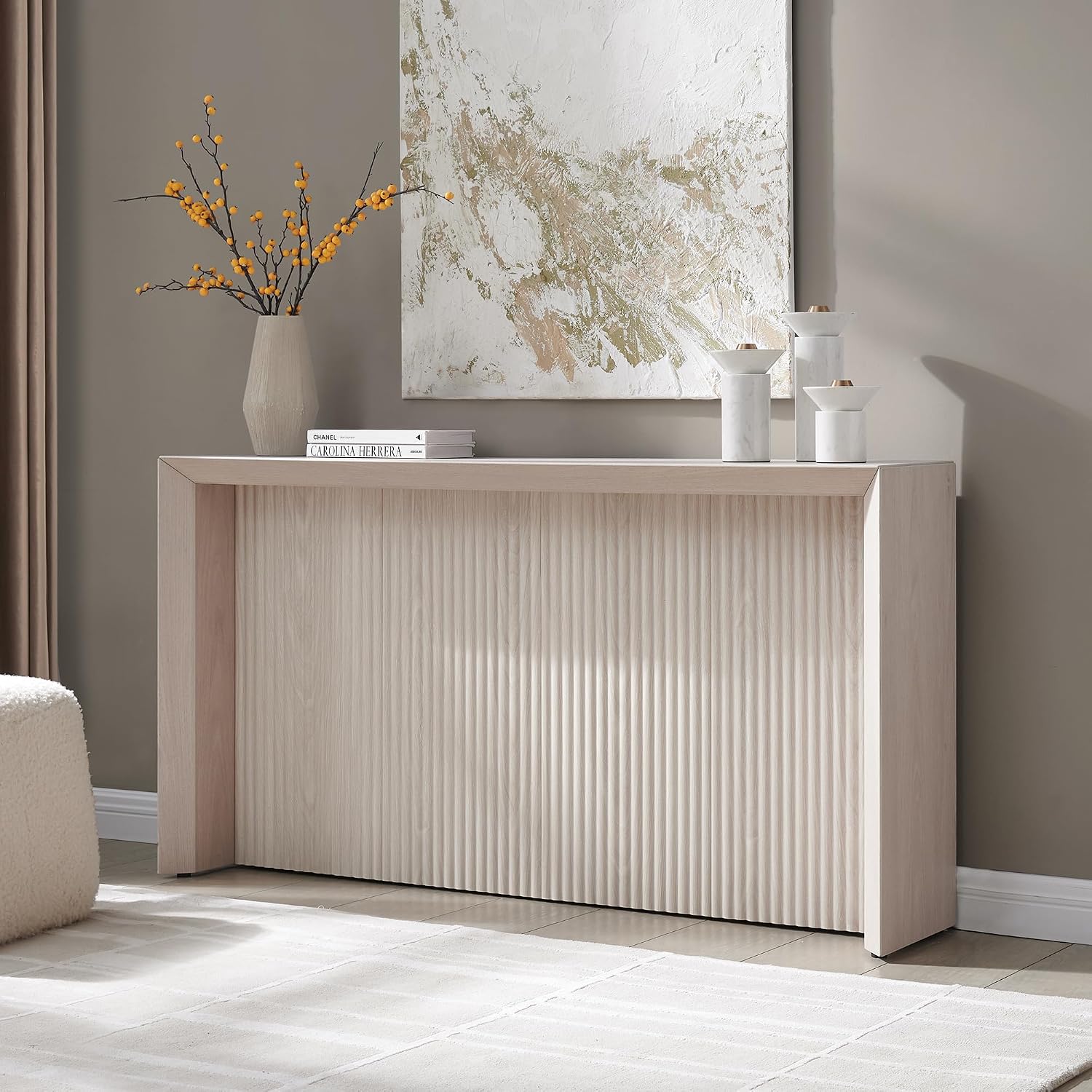 Henn&Hart 56' Fluted Wooden Rectangular Console Table Ribbed Entryway Table, Sofa Table for Entryway, Living Room, Couch, Hallway, or Office, Beech White