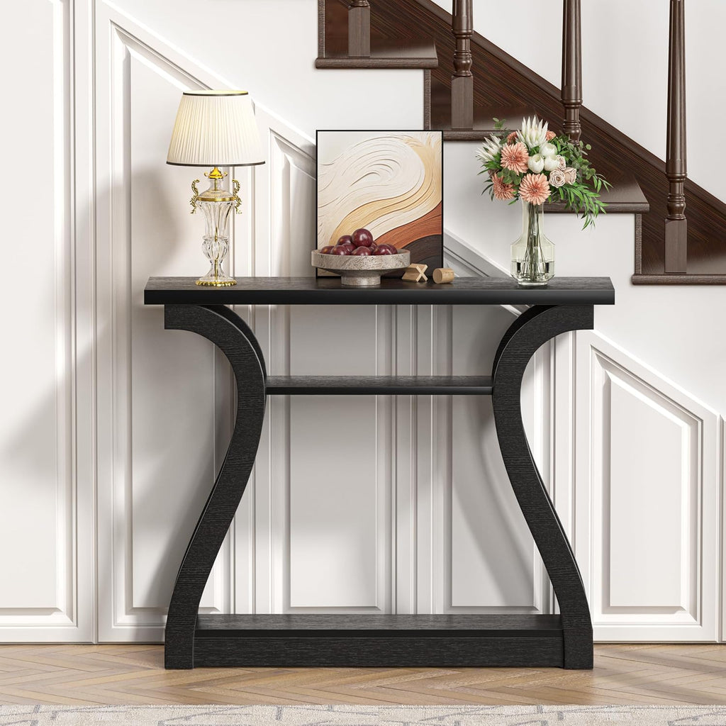 Wooden Console Table with Curved Legs and Shelf, 3-Tier Modern Accent Narrow Sofa Table for Entrance Area, Living Room, Hallway, 47 in Wide Wood Console Table for Entryway (Black)