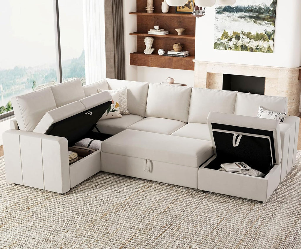 Belffin Modular Sectional Sleeper Sofa with Pull Out Couch, U Shaped Sleeper Pull Out Bed, Convertible Sectional Couches for Living Room, Beige
