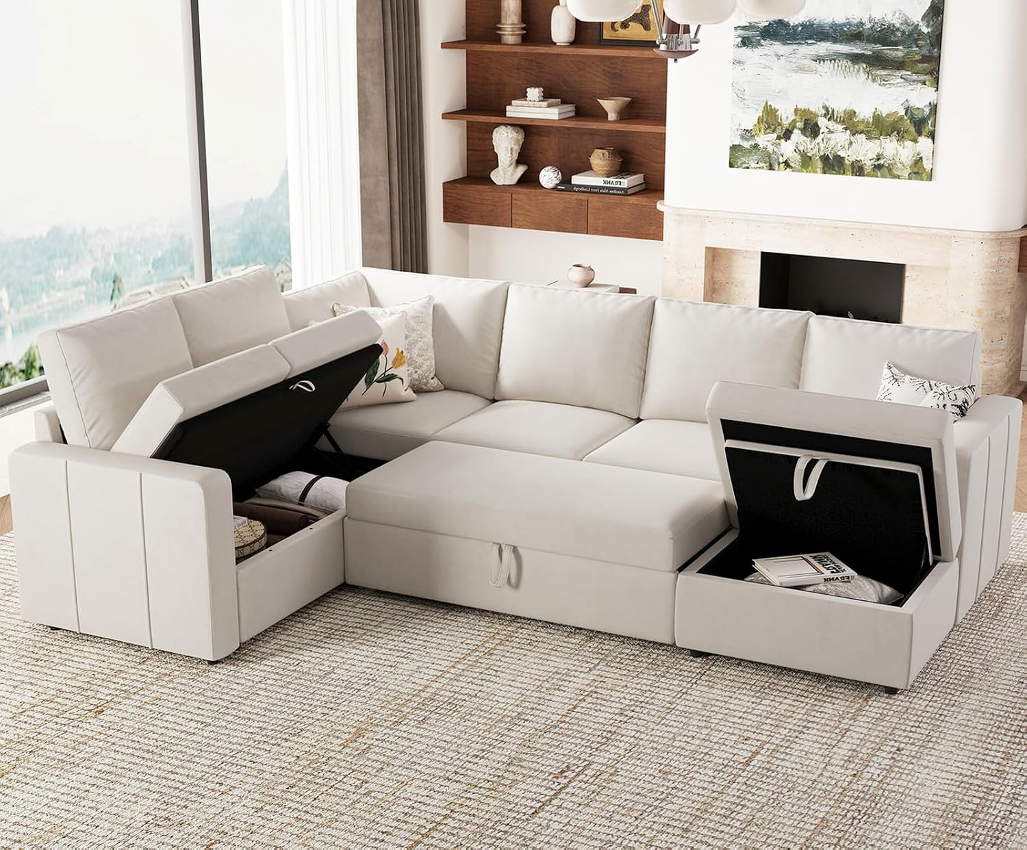 Belffin Modular Sectional Sleeper Sofa with Pull Out Couch, U Shaped Sleeper Pull Out Bed, Convertible Sectional Couches for Living Room, Beige