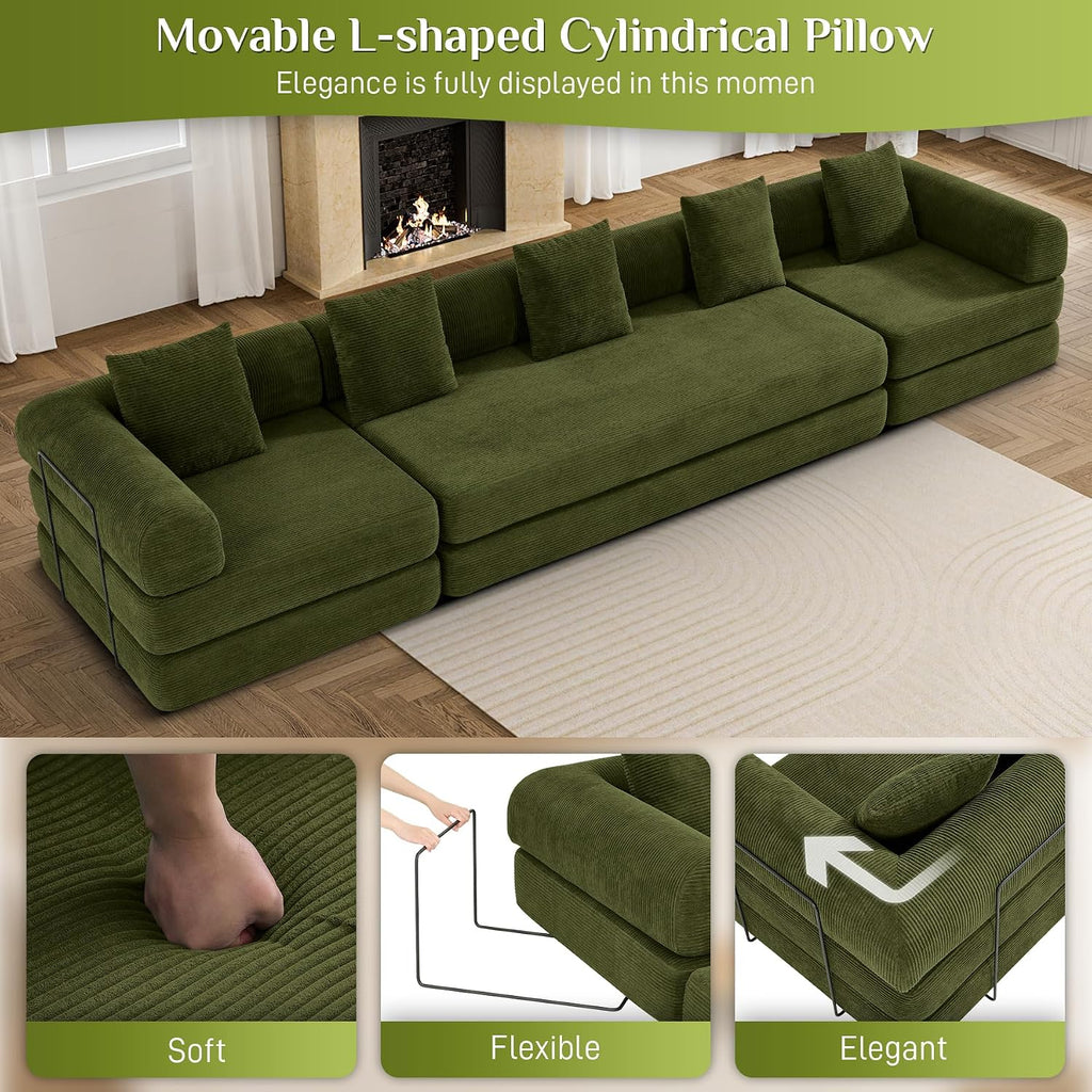 DAMAIFROM Convertible Sleeper Sofa Bed with Cylindrical Pillow,Corduroy Folding Mattress Couch with Fixed-Shape Frame,Modular Floor Sofa Lounge Couch for Living Room Bedroom Lounge,158.6',Olive Green