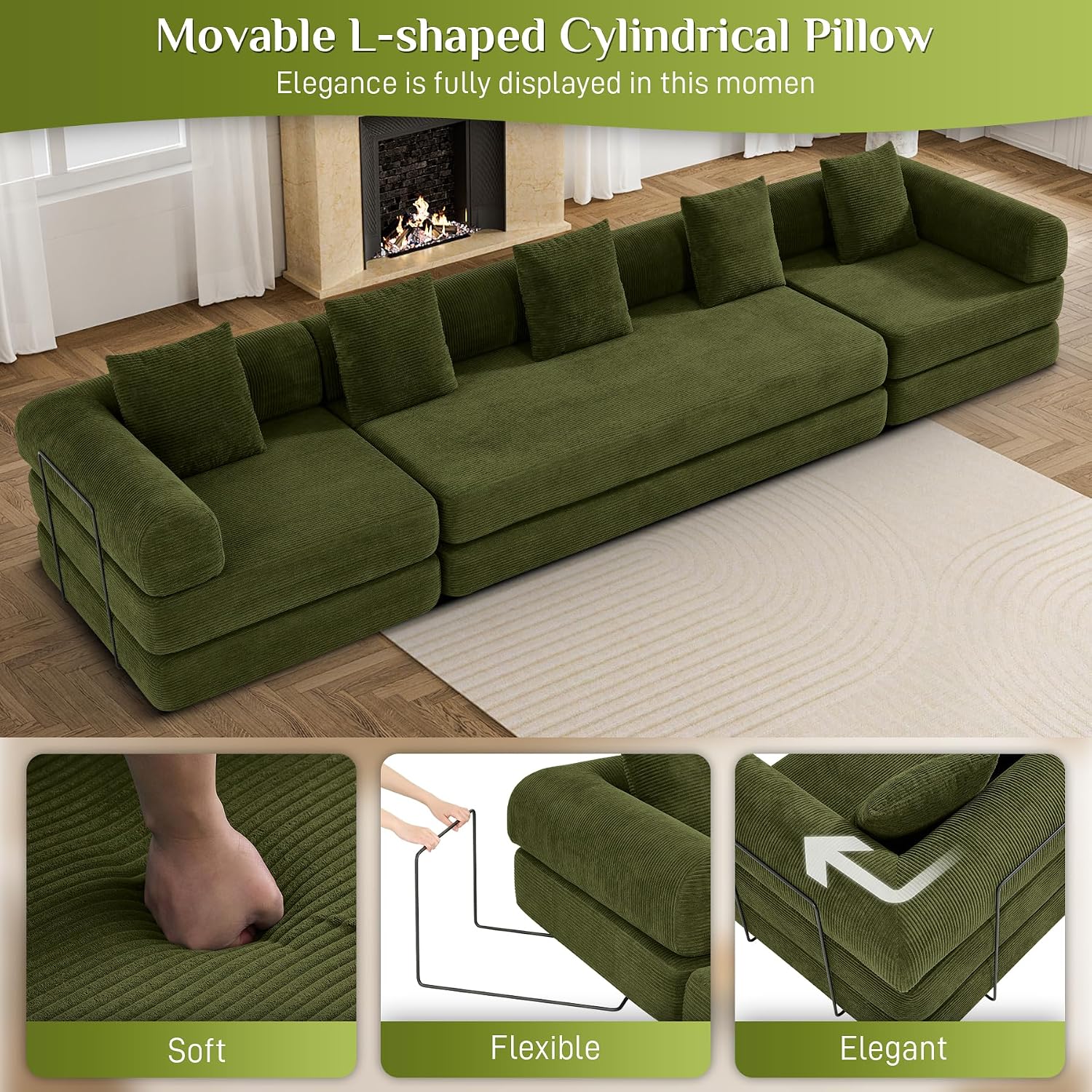 DAMAIFROM Convertible Sleeper Sofa Bed with Cylindrical Pillow,Corduroy Folding Mattress Couch with Fixed-Shape Frame,Modular Floor Sofa Lounge Couch for Living Room Bedroom Lounge,158.6',Olive Green
