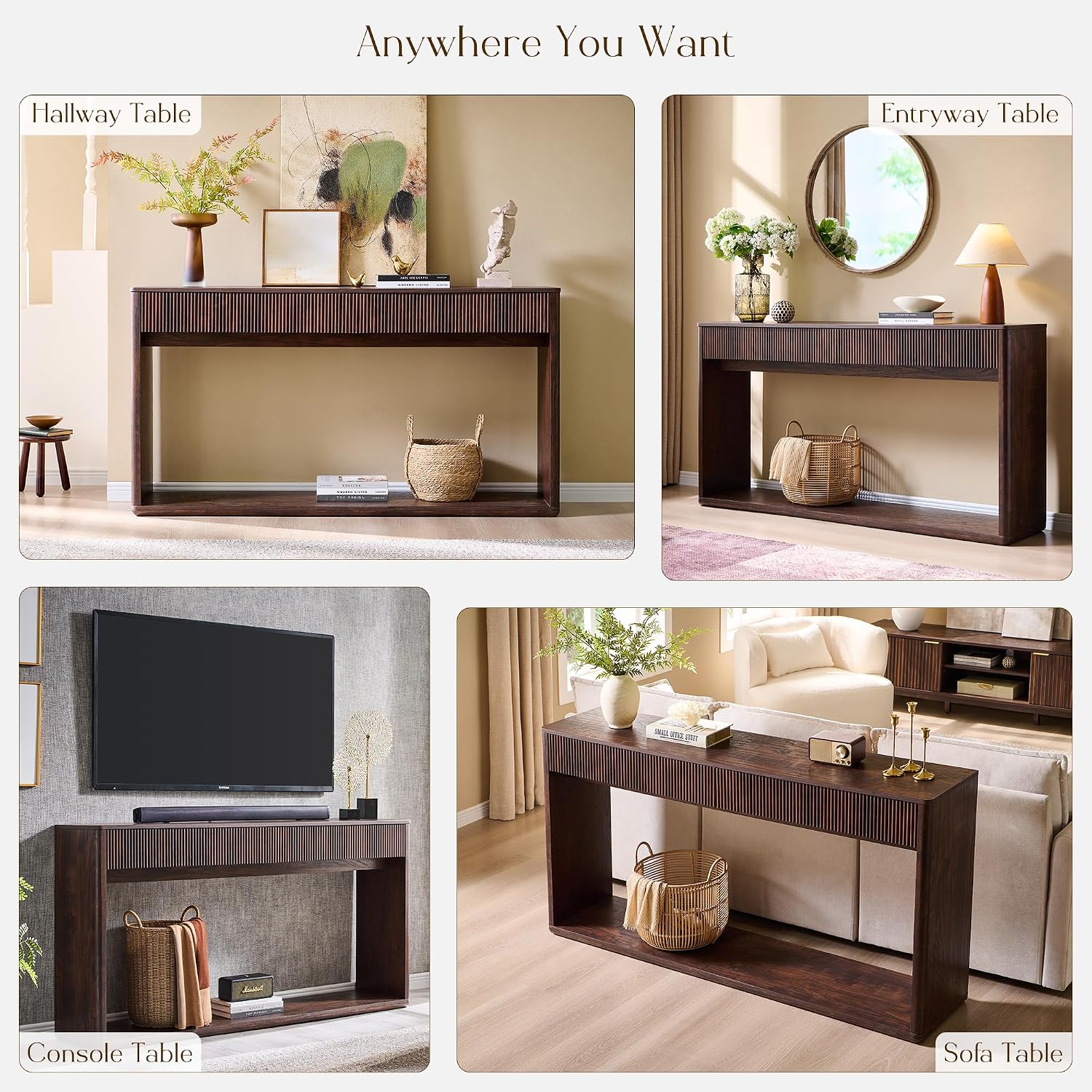 OKD 63' Fluted Console Table for Entryway, Modern Entryway Table with 2 Large Drawers, Long Sofa Table Behind Couch for Living Room, Hallway, Couch, Foyer，Dark Walnut