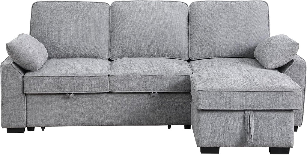 ERYE L-Shaped Pull Out Sleeper Couch Bed, Modern Chenille Upholstered Button Tufted Corner Couch Reversible Sectional Sleeper Sofa Bed W/Storage Chaise, Cup Holders