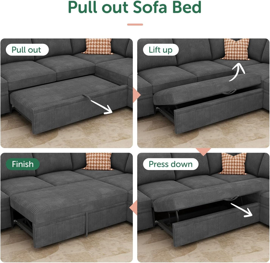 HONBAY Modular Sectional Couch with Pull Out Bed, Corduroy Sleeper Sofa with Storage Ottoman, U Shaped Sectional Couches for Living Room, Dark Grey