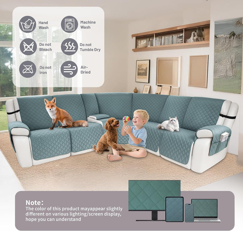 Waterproof Sectional Reclining Couch Covers L Shaped Recliner Sectional Sofa Cover 8 Piece Non Slip Washable Corner Recliner Slipcover Set for Pet Dog (5 Seater 1 Console Cover, Dusty Blue)