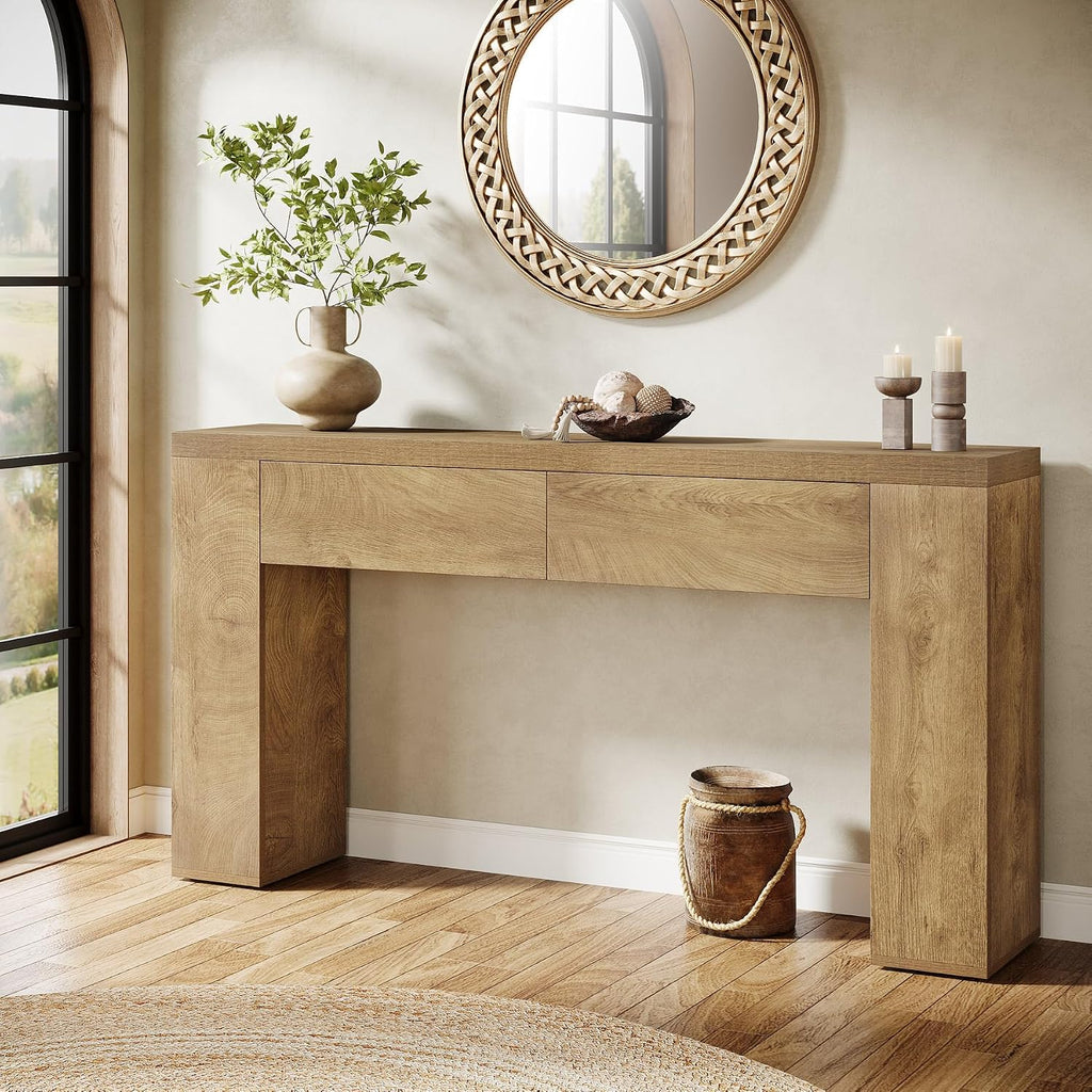 Tribesigns 63-Inch Wooden Foyer Table with with 2 Hidden Drawers, Farmhouse Console Table for Living Room, Hallway, Entrance, Easy Assembly (Brown)