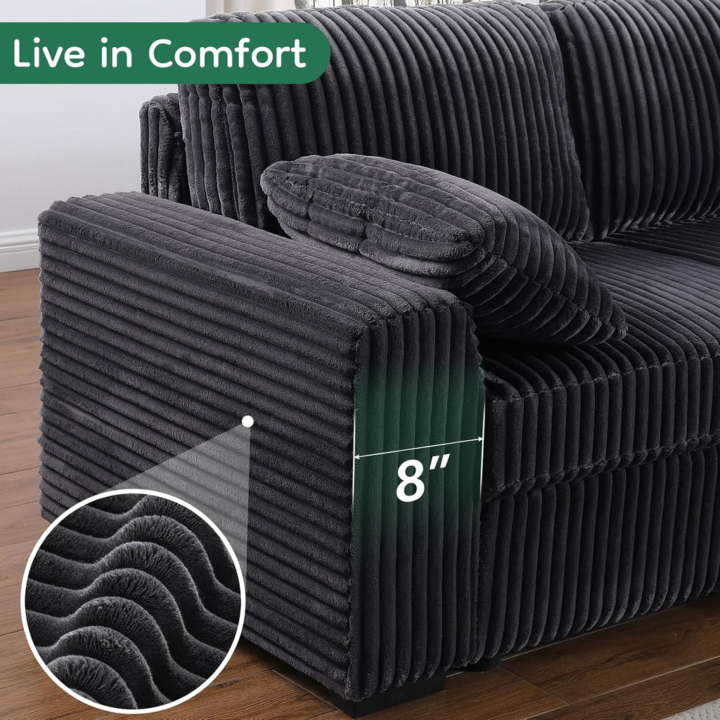 Yafylly 91' L-Shaped Sectional Sofa Bed with Recliner, Pull-Out Sleeper & Chaise Lounge, Convertible Corduroy Sofa for Apartment Living Room, Bedroom Dark Grey