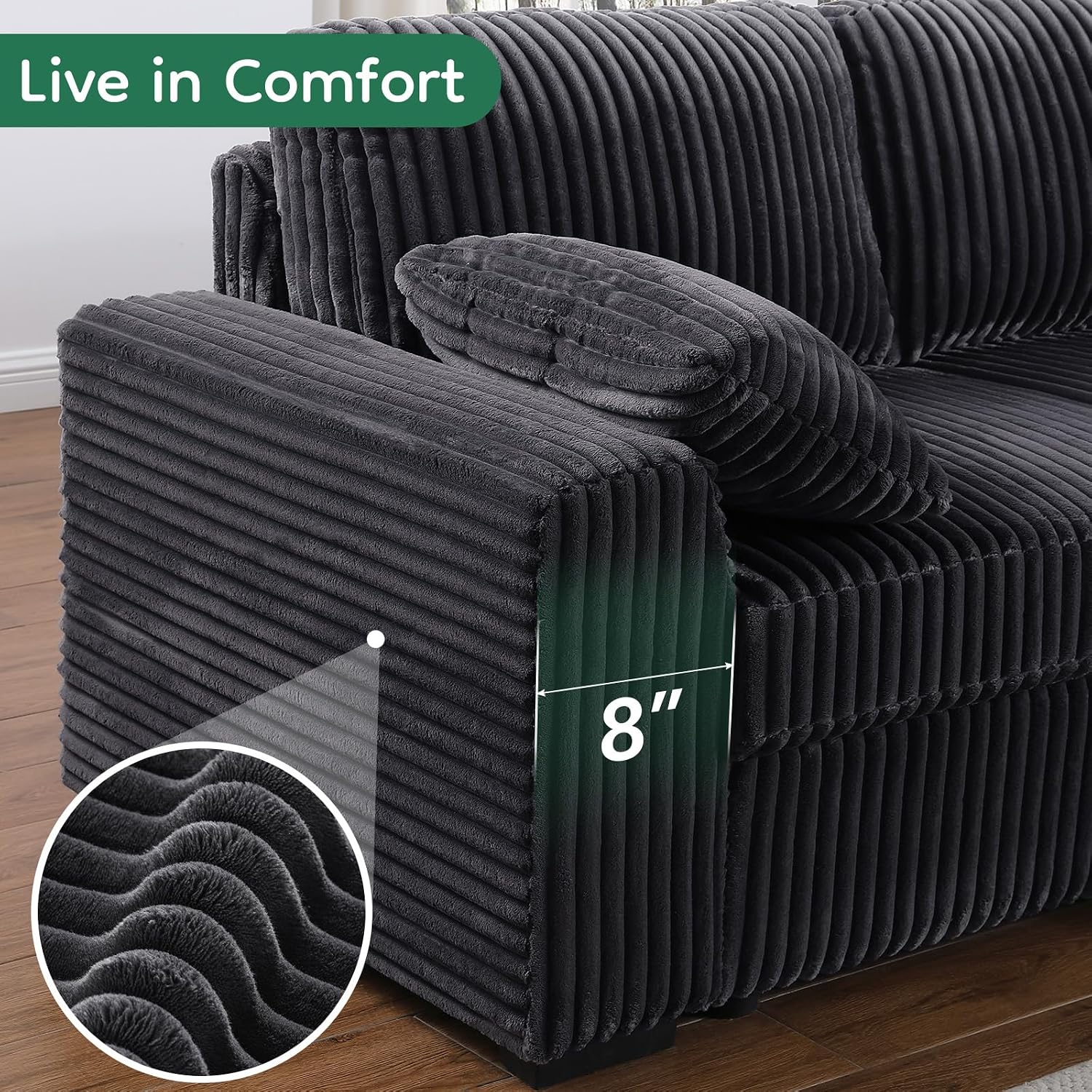 Yafylly 91' L-Shaped Sectional Sofa Bed with Recliner, Pull-Out Sleeper & Chaise Lounge, Convertible Corduroy Sofa for Apartment Living Room, Bedroom Dark Grey