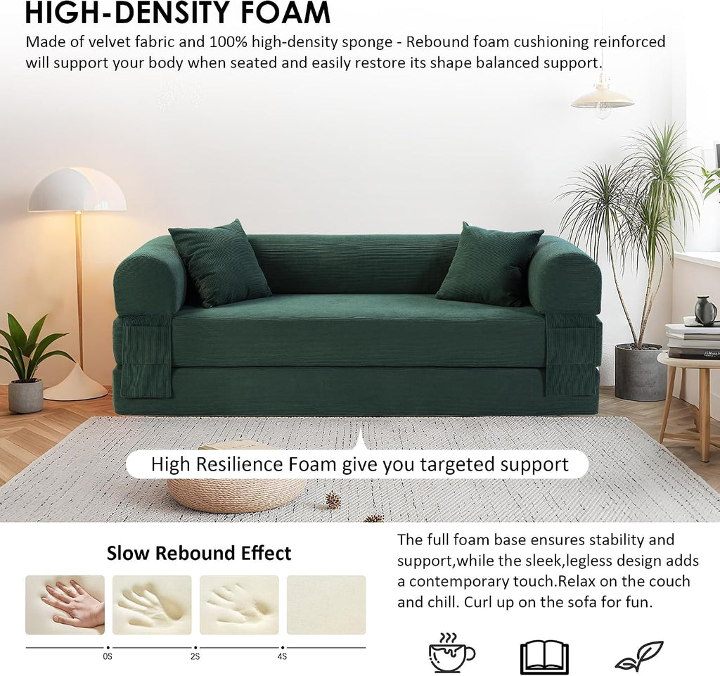 80' Convertible Sofa Bed, 3-in-1 Corduroy Folding Pull Out Couch with Pillows, No Assembly Modern Boneless Couch Compression Sofa in Box, Floor Sofa with Side Storage Pocket for Living Room,Dark Green
