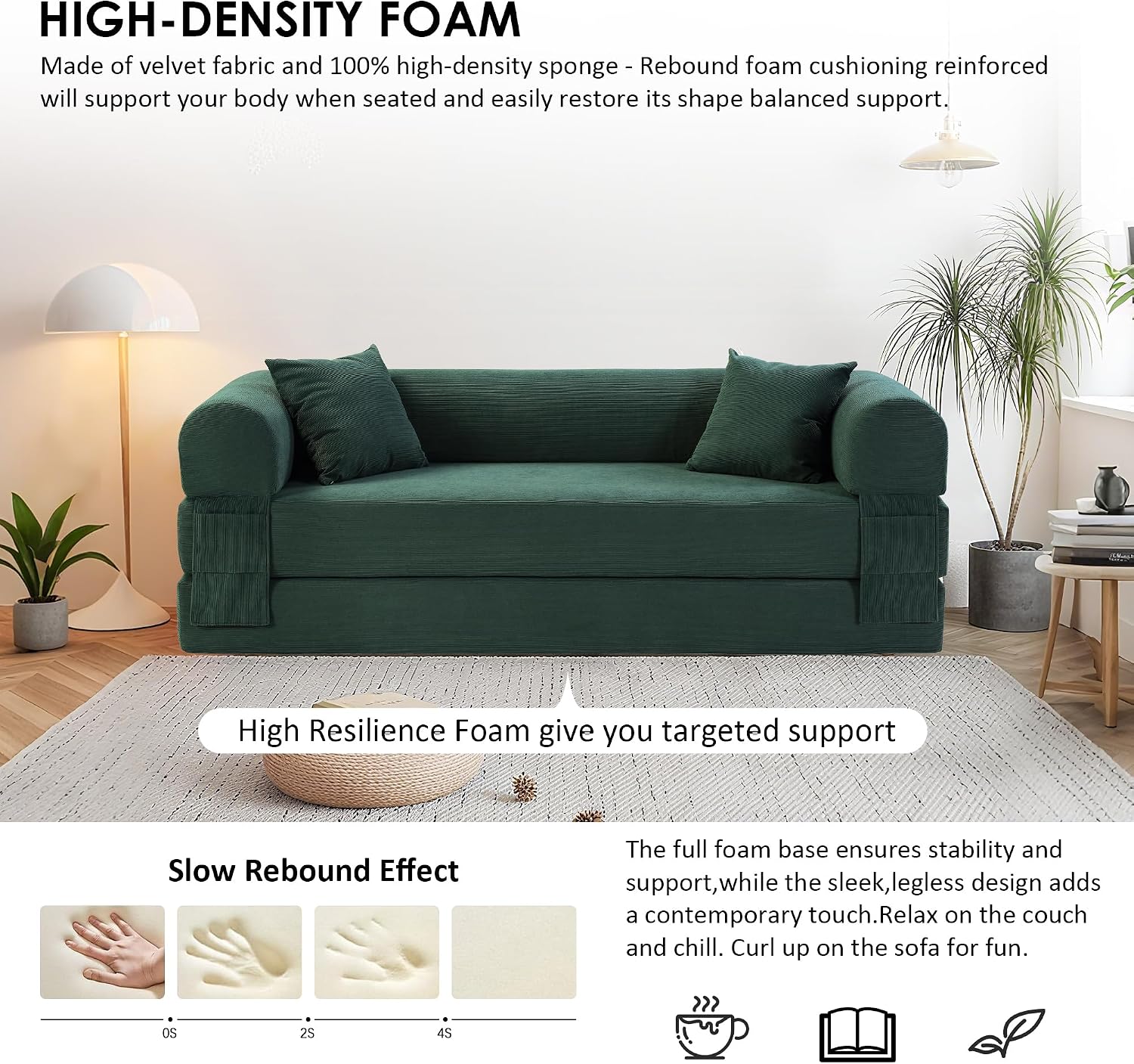 80' Convertible Sofa Bed, 3-in-1 Corduroy Folding Pull Out Couch with Pillows, No Assembly Modern Boneless Couch Compression Sofa in Box, Floor Sofa with Side Storage Pocket for Living Room,Dark Green