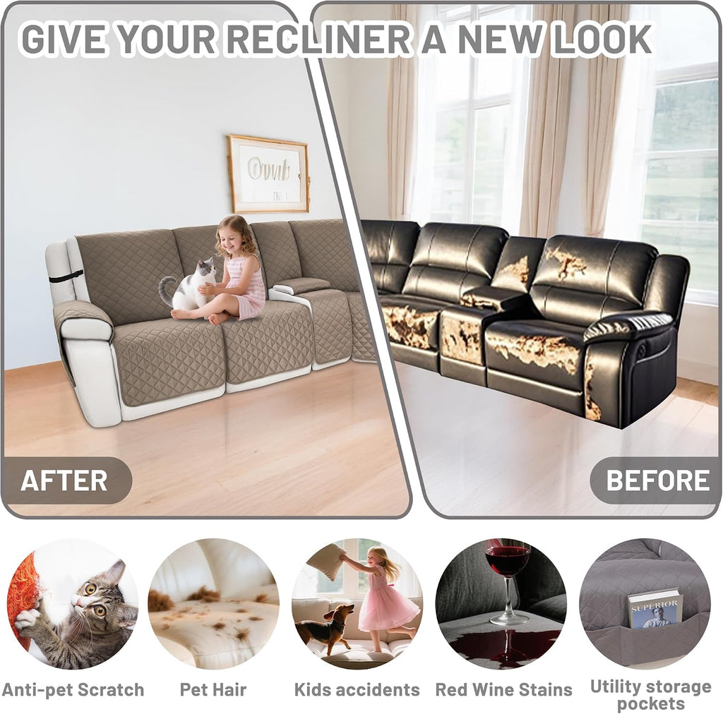 Waterproof Sectional Reclining Couch Covers L Shaped Recliner Sectional Sofa Cover 9 Piece Non Slip Washable Corner Recliner Slipcover Set for Pet Dog (5 Seater 2 Console Cover, Camel)