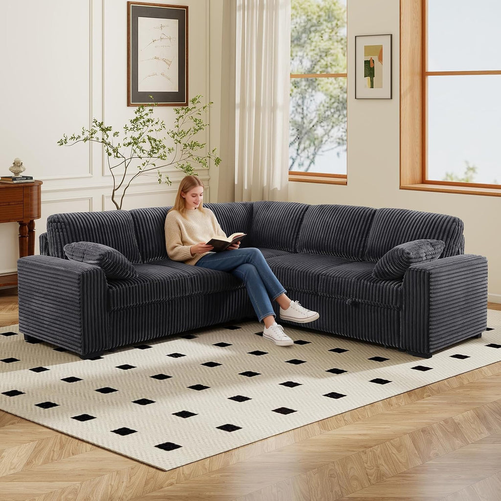 Yafylly 91' L-Shaped Sectional Sofa Bed with Recliner, Pull-Out Sleeper & Chaise Lounge, Convertible Corduroy Sofa for Apartment Living Room, Bedroom Dark Grey