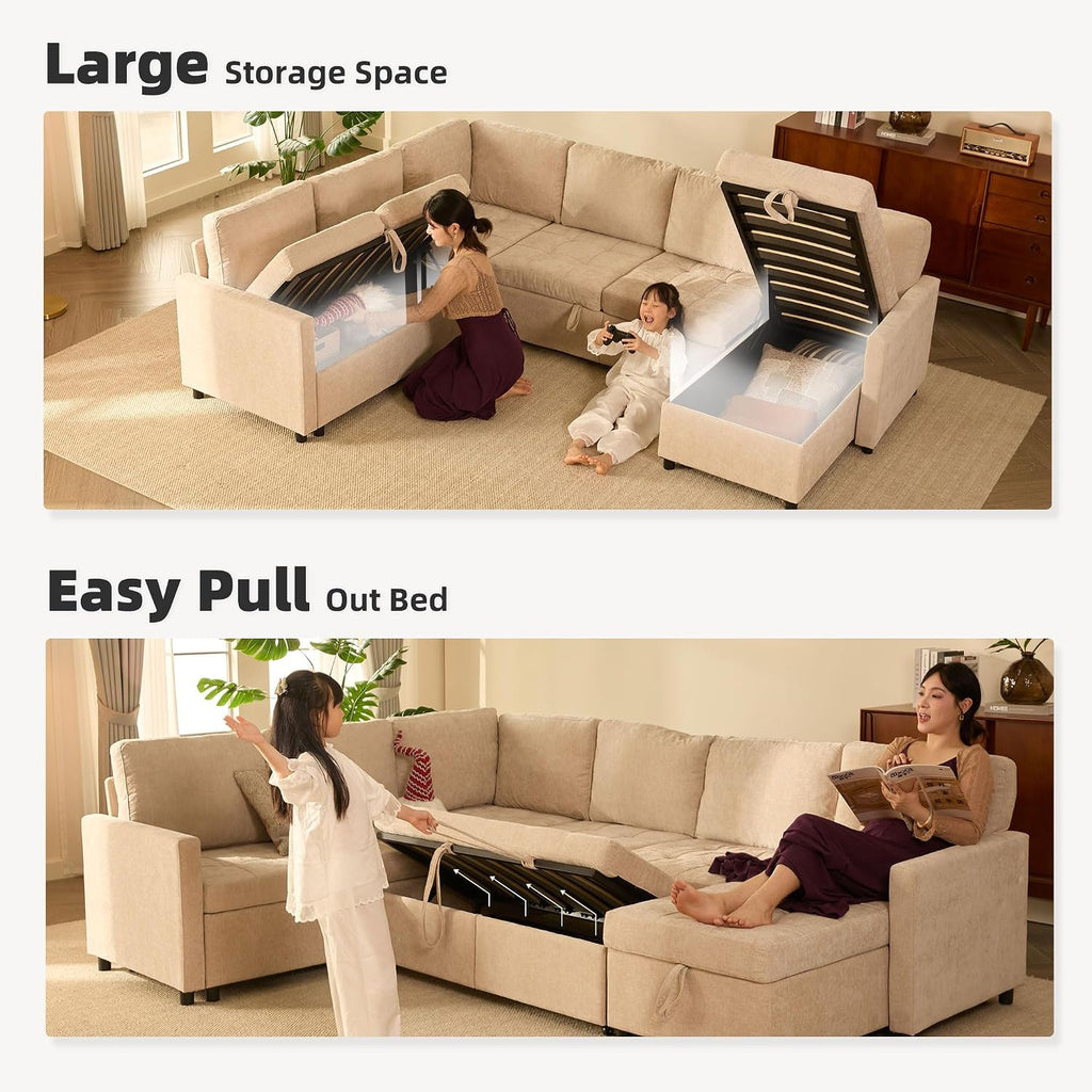 GOSUHI 107' Sleeper Sofa, Set of Modular Pieces with Pull Out Bed, U Shaped Sectional Couch with Storage, Extra Wide&Deep Seat Couches for Living Room, Removable Sofa Cover, Chenille-Flat White