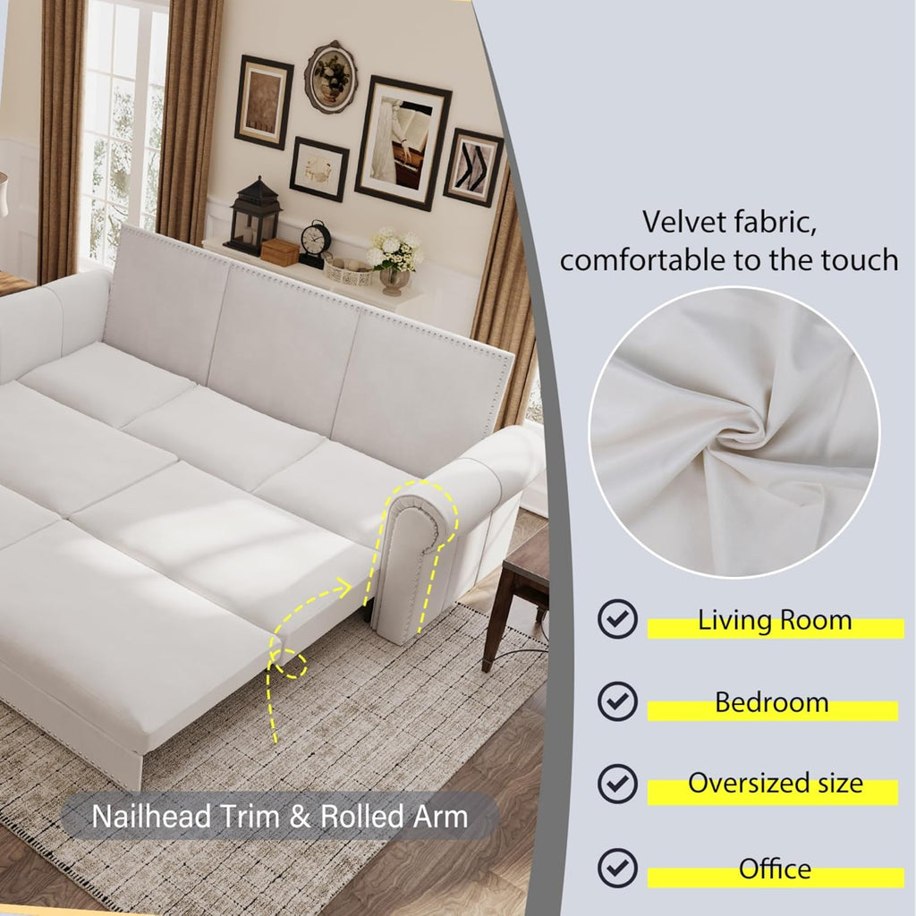 King Size 93.7' Pull Out 3 Seat Sofa with 2 Pillows, 3-in-1 Velvet Fabric Convertible Sleeper Sofa Bed, Fold Couch for Living Room, Office and Small Space, Beige