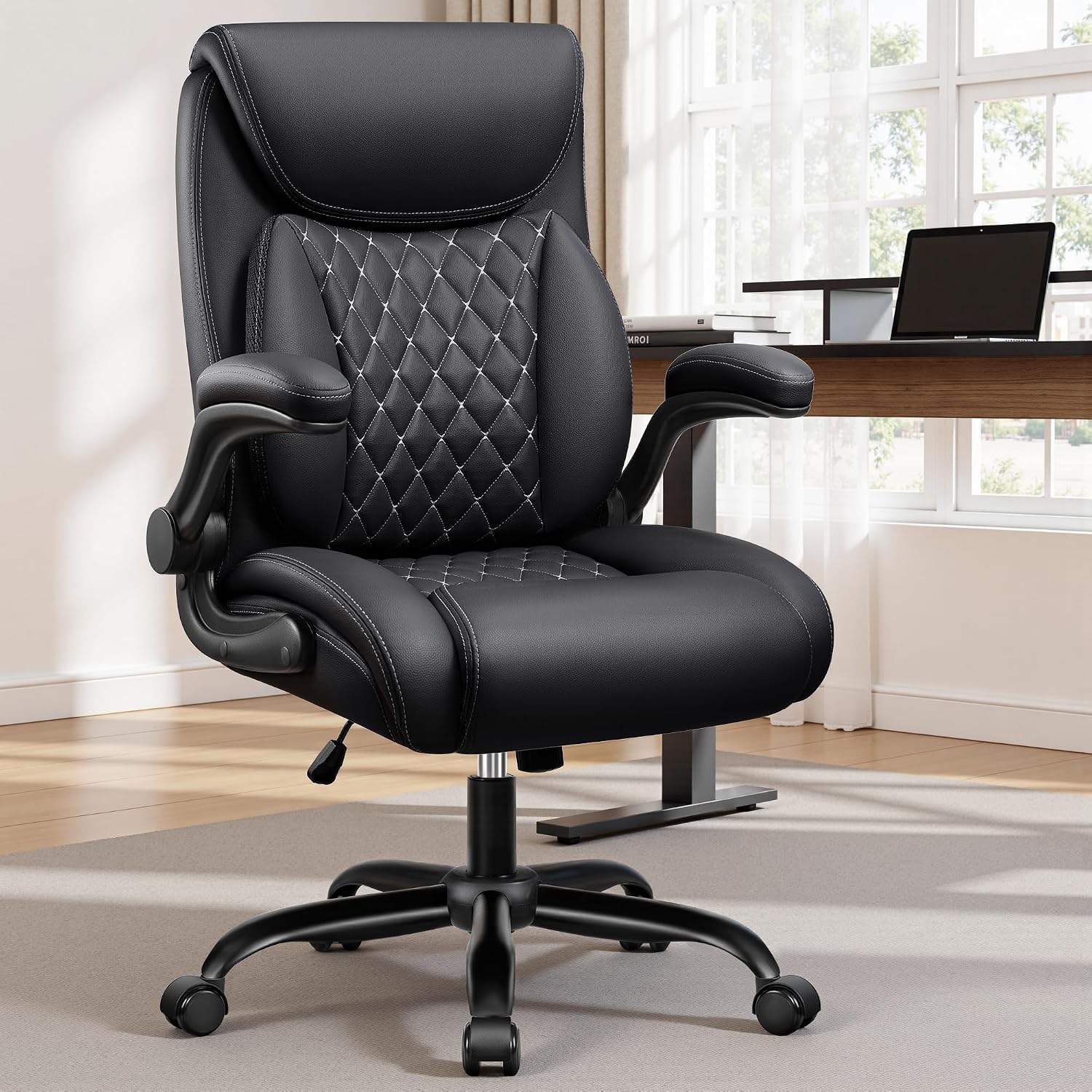 BESTFAIR Office Chair, Ergonomic Computer Desk Chairs with Lumbar Support for Lower Back Pain Relief, Executive Leather Home Chair Comfy with Padded Flip-up Armrests, Black, 2-Pack