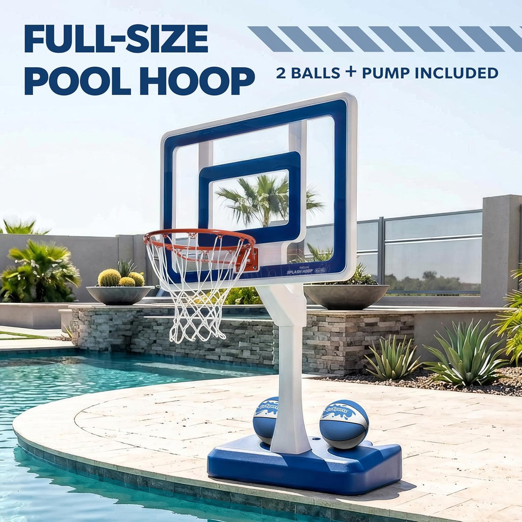 GoSports Splash Hoop Elite - Adjustable Height or Fixed Post - Pool Hoop Basketball Game with Water Weighted Base, Regulation Steel Rim and 2 Pool Basketballs