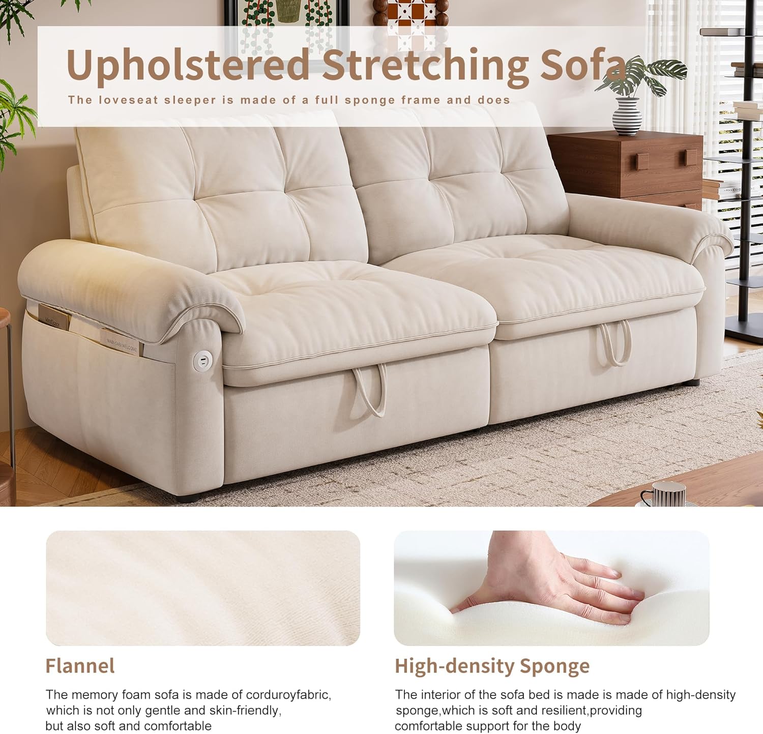 77' Sleeper Sofa Bed, Convertible Pull Out Couch with Velvet Fabric, 3-in-1 Loveseat L Shaped Couch Bed with Adjustable Backrest, Side Pocket & USB Ports for Living Room Apartment, White