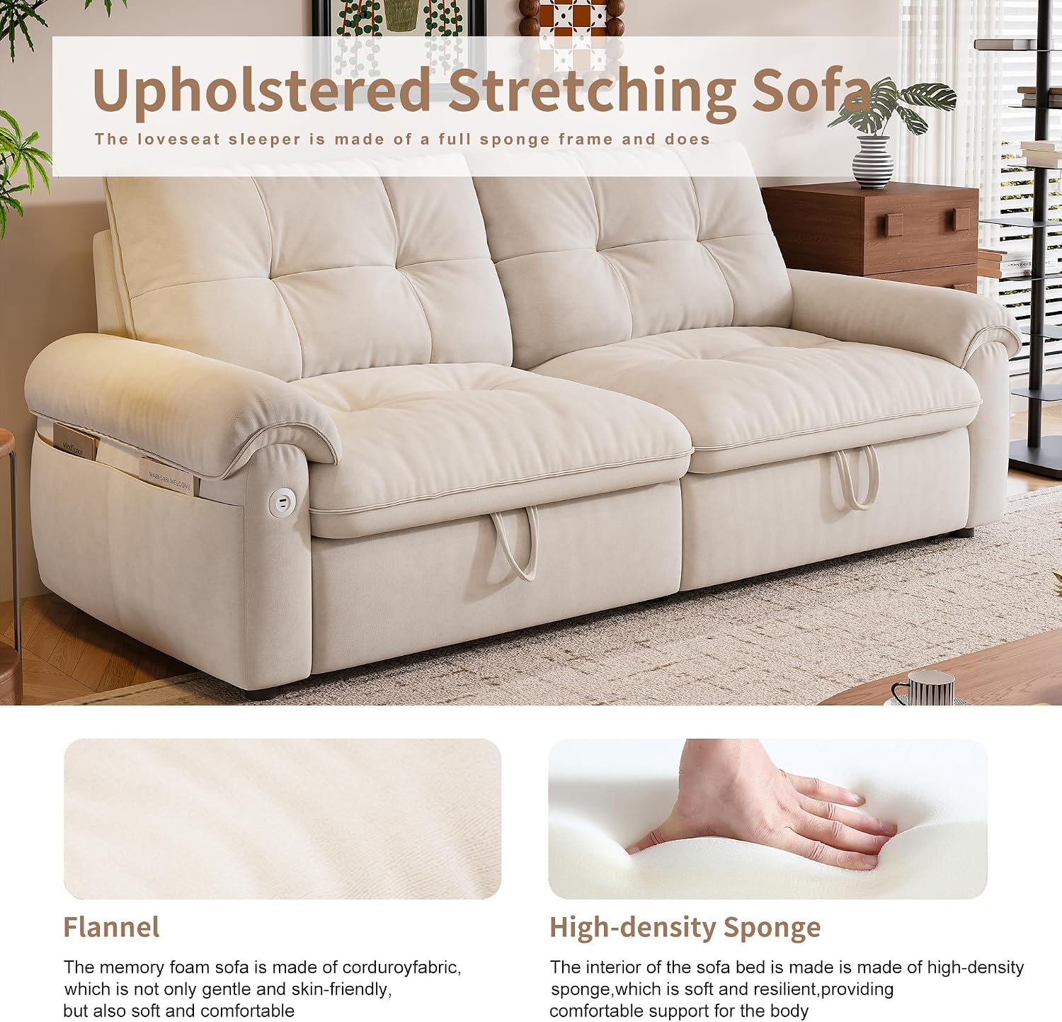 77' Queen Size Sofa Bed, Loveseat Sleeper Sofa with Pull Out Bed, Pockets and USB, Modern 2 Seater Convertible Small Couch for Living Room Bedroom Apartment, Beige