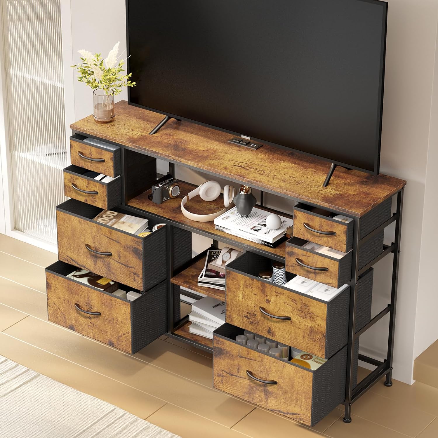 TV Stand Dresser Drawer for Bedroom - TV Stands for 45, 50, 55 inch TV - Entertainment Center Dressers with Charging Station, Drawers Dresser with Storage for Living Room, Nursery - Rustic Brown