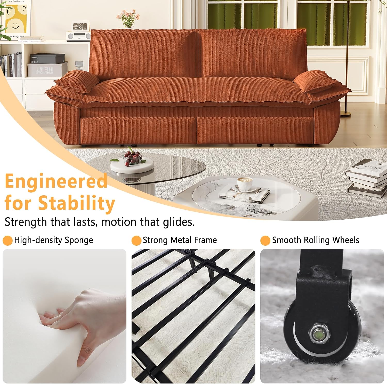 73.2' Sofa Bed Queen Size, Pull Out Couch Bed, 3-in-1 Convertible Sleeper Sofa with Cushion Armrest, Modern Corduroy Futon Couch for Living Room, Small Space, Apartment, Bedroom, Orange