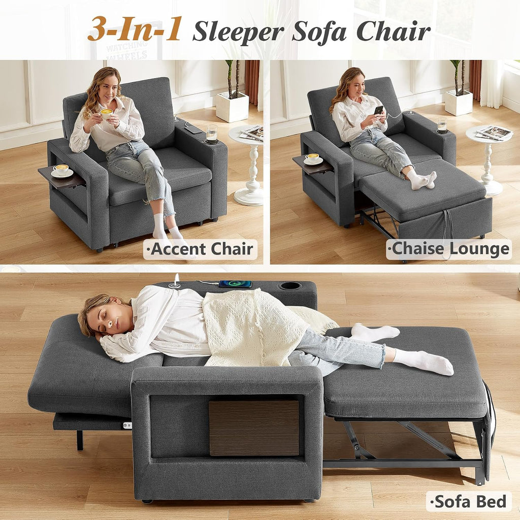 WEUP 42.5' Sleeper Sofa Chair Bed, 3-in-1 Convertible Sleeper Chair with Pull Out Bed, Adjustable Reclining Backrest, Side Pockets, Cup Holder, USB Ports & Wing Table, Premium Dark Grey